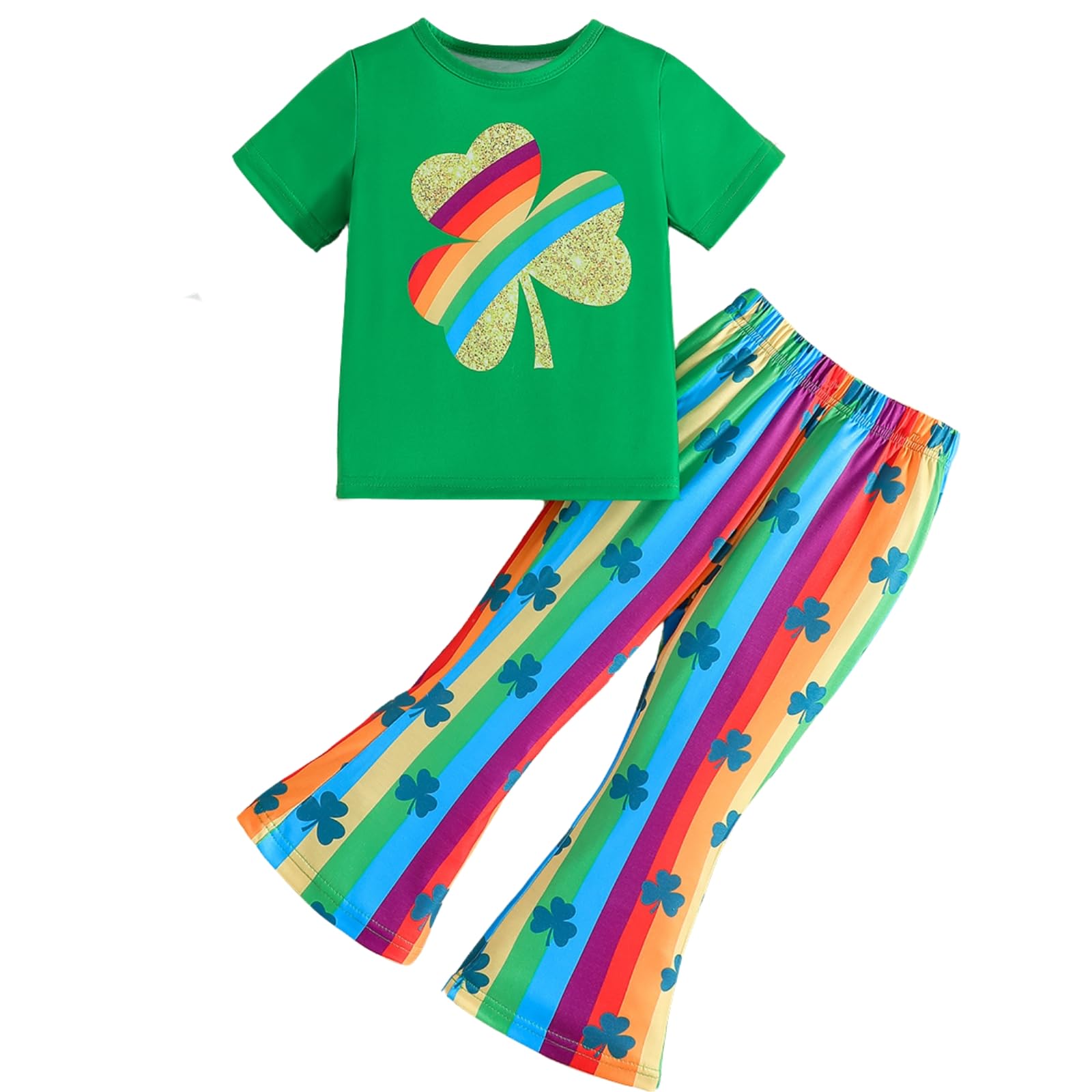 Momkonzz Girls St Patricks Day Outfit Toddler Girls Shamrocks Rainbow Print T-shirt and Flared Pants Clothes Set