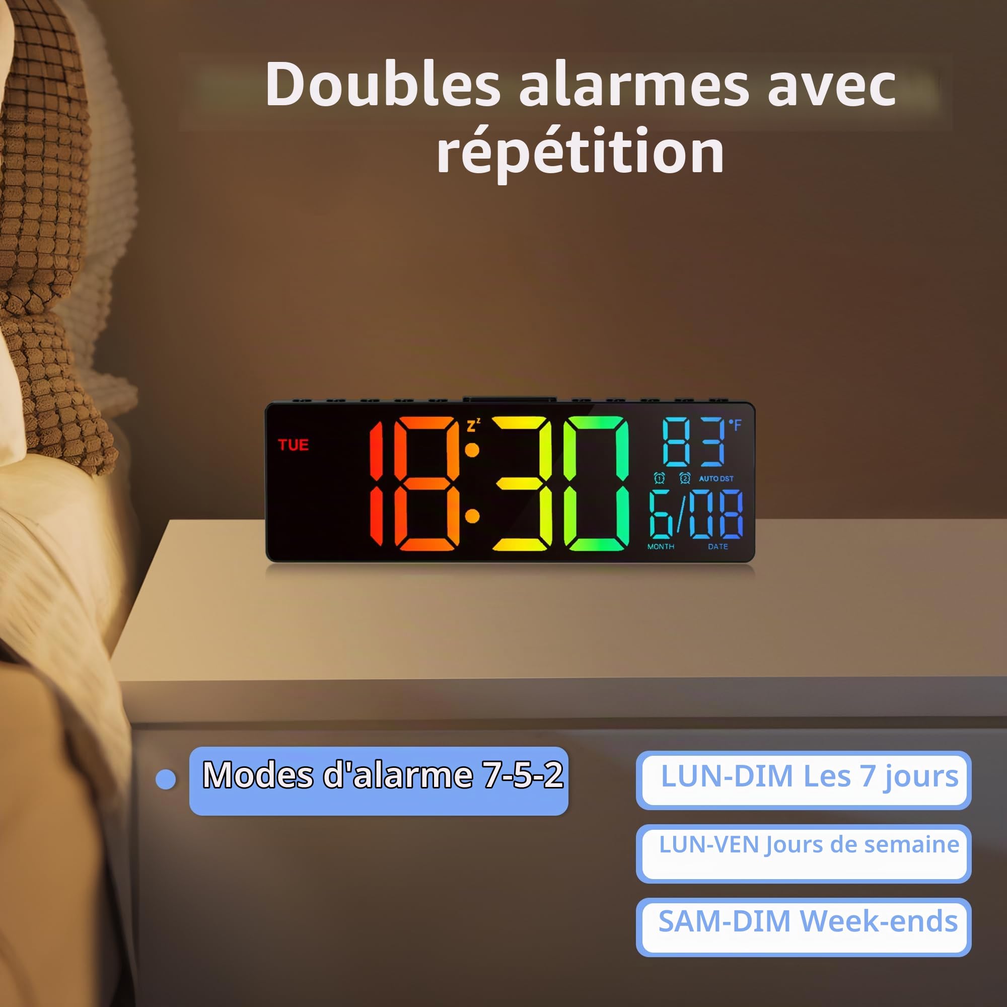 HAITANG Horloge Numérique - Horloge Calendrier Numérique Murale LED De 10,5" avec Affichage De La Température, Date Et Jour, Dimming Automatique De La Luminosité RGB, Veilleuses, pour Bureau, Chambre