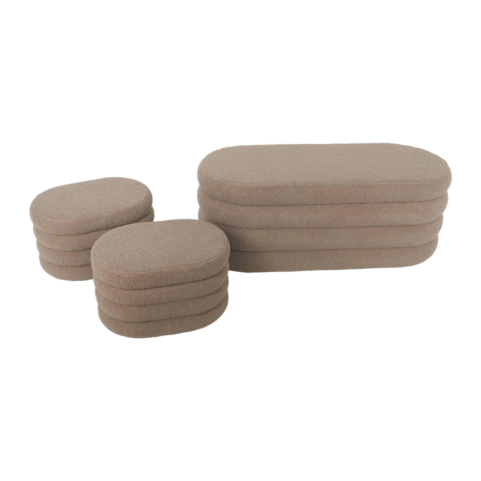 sweeek - Banc Coffre en bouclettes Taupe avec 2 poufs ovales de Rangement intégrés - L111cm