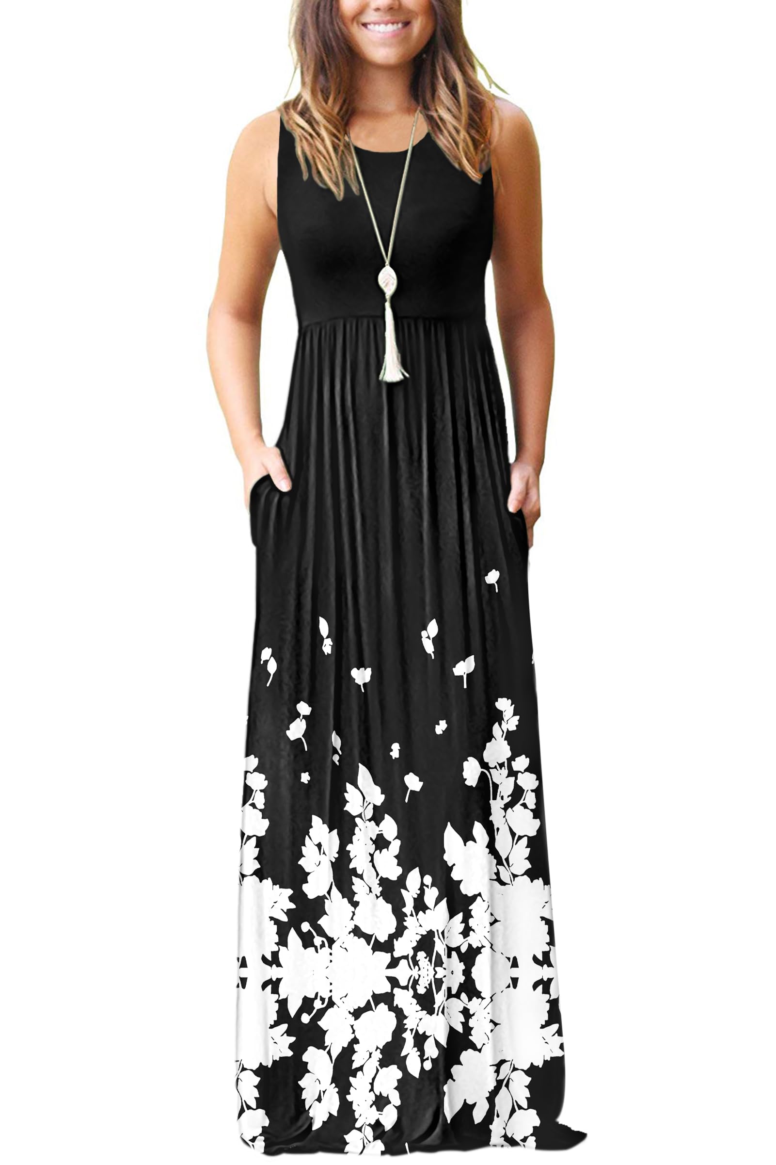 AUSELILY Women's Summer Sleeveless Loose Plain Casual Long Maxi Dresses | Year Round wear solid floral print, Casual daily wear, Empire waist, Floor length, Side pockets New