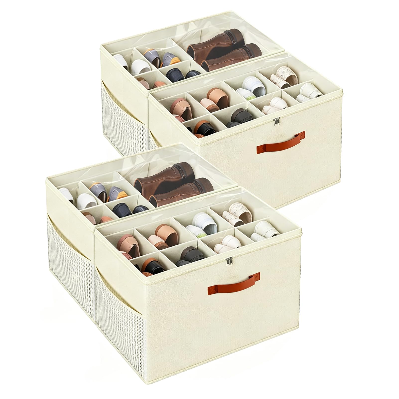 Set di 4 Organizer per Scarpe con Manici, con Doppia Cerniera | Scatole Porta Scarpe Pieghevoli in Tessuto, Contenitori per Armadi, per un Massimo di 32 Paia, con Finestra trasparente