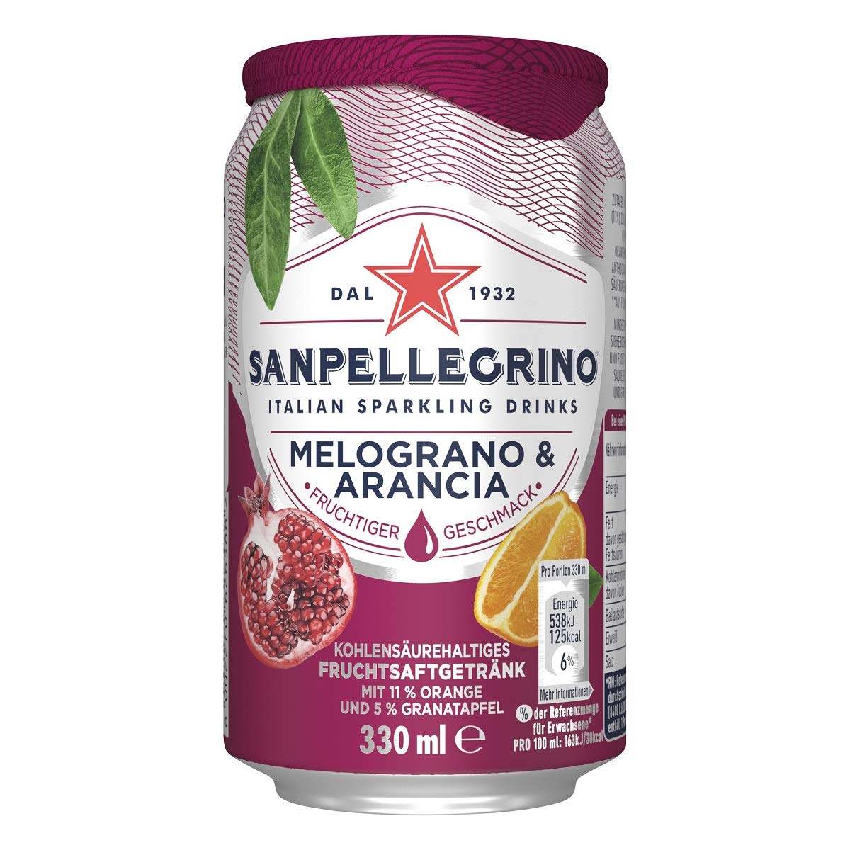 Sanpellegrino Limonade mit Orange und Granatapfel, Melograno & Arancia, Hoher Fruchtanteil 16% aus Orangen und Granatapfel, Prickelnd süße Geschmacksnote, 24er Pack (24 x 0,33l) Einweg Dosen