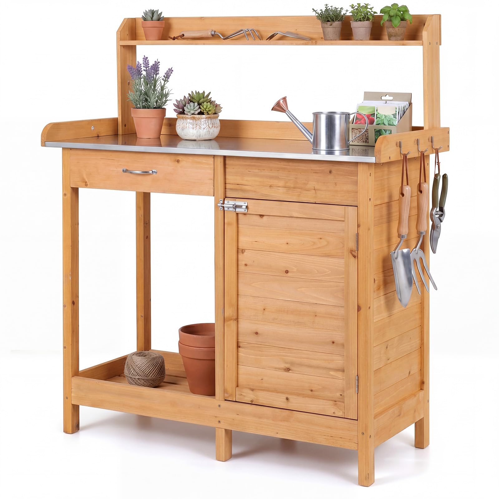 COSTWAY Garden Potting Table, Wood Potting Bench with Stainless Steel Tabletop, Cabinet, Drawer, Shelf & Hooks, Planting Germination Workstation for Patio Balcony Yard (112x46.5x125.5cm,Natural)