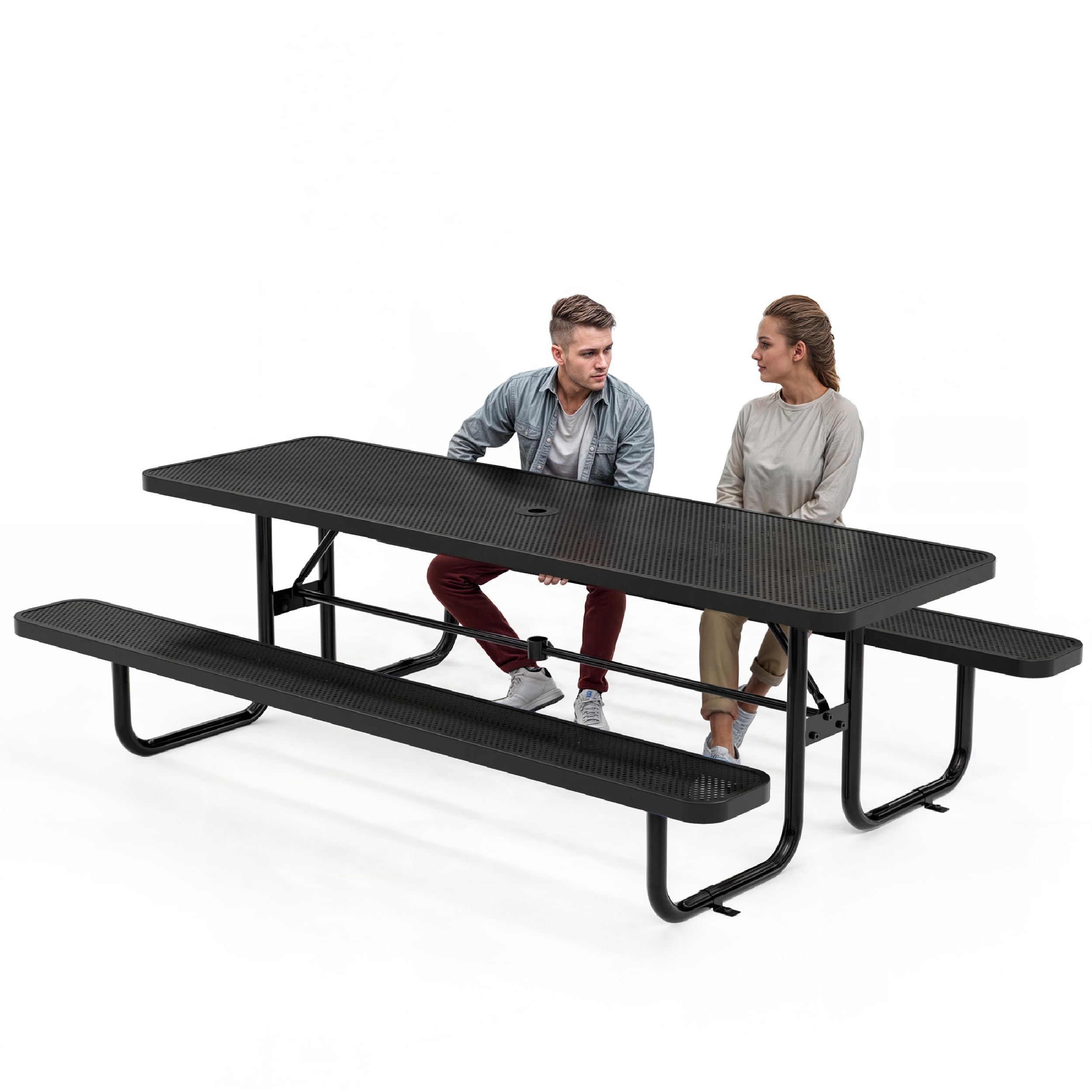 Metal Picnic Furniture for Outdoors with Umbrella Hole - Coated Steel Heavy Duty Commercial Grade Table with Adjustable Seats, Patio Set for a Lifetime (Black, 8' Rectangular, Punched Steel)