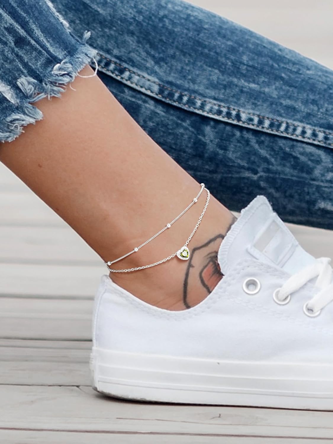 Silvora 925 Sterling Silver Birthstone Ankle Bracelet for Women - Adjustable Double-Layer Sparkling Heart Zircon Anklet Beach Jewelry for Summer
