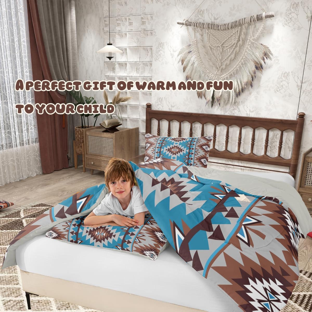 jejeloiu Kids Boho Western Comforter Set Bohemian Bedding Set Aztec Queen