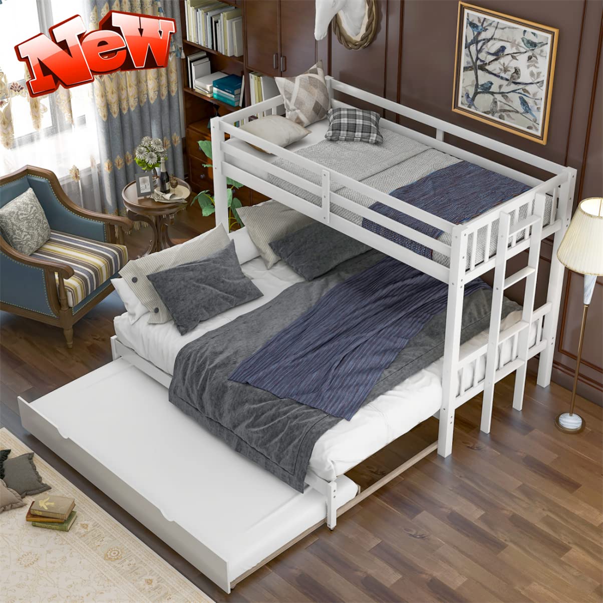 Twin Over Twin Bunk Bed with Trundle, Pull-Out Design, White, Solid Wood & MDF, 600 lbs Weight Capacity, Modern Style