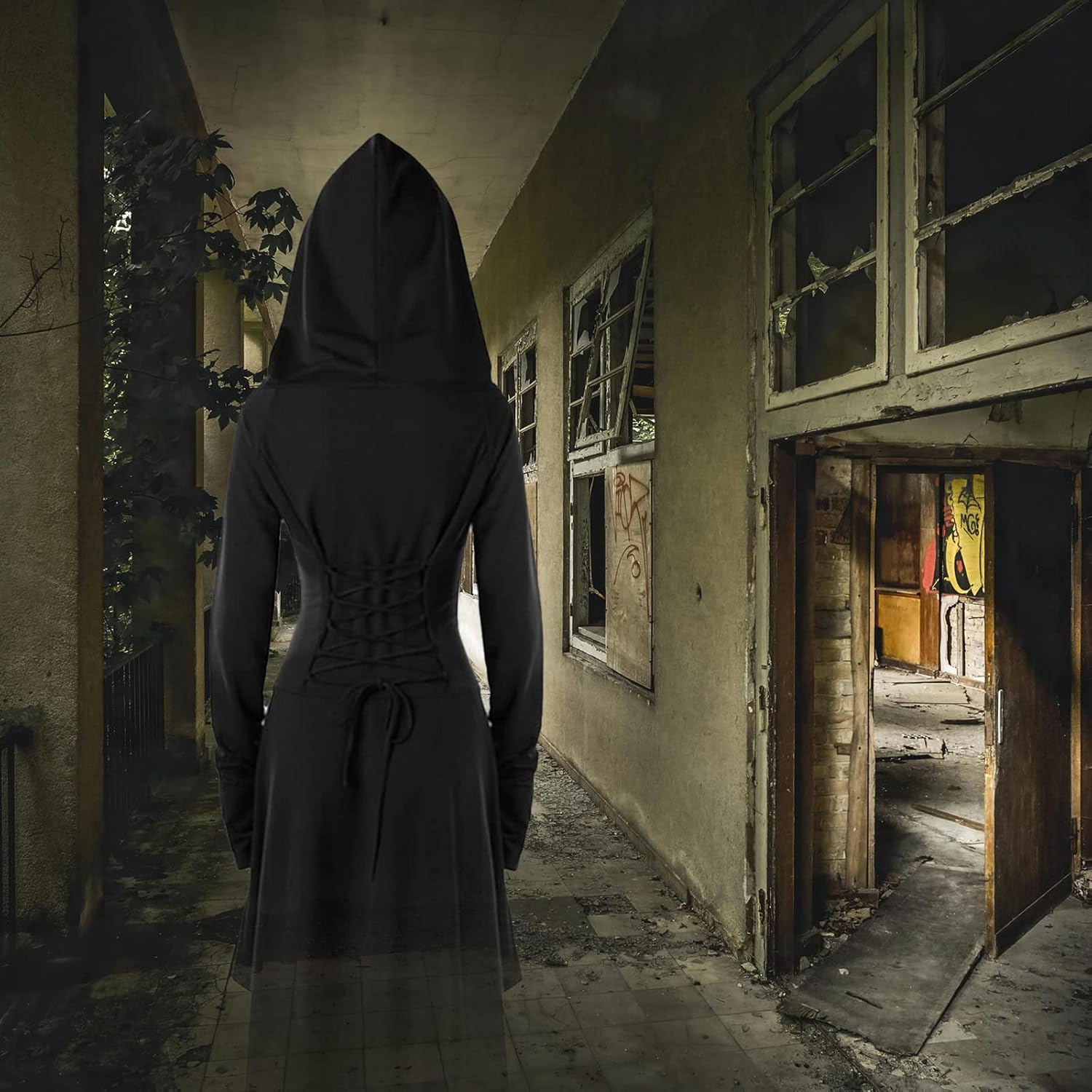 Womens Renaissance Costumes Hooded Robe Lace Up Renaissance Dress Women Halloween Vintage Medieval Cloak - Image 5