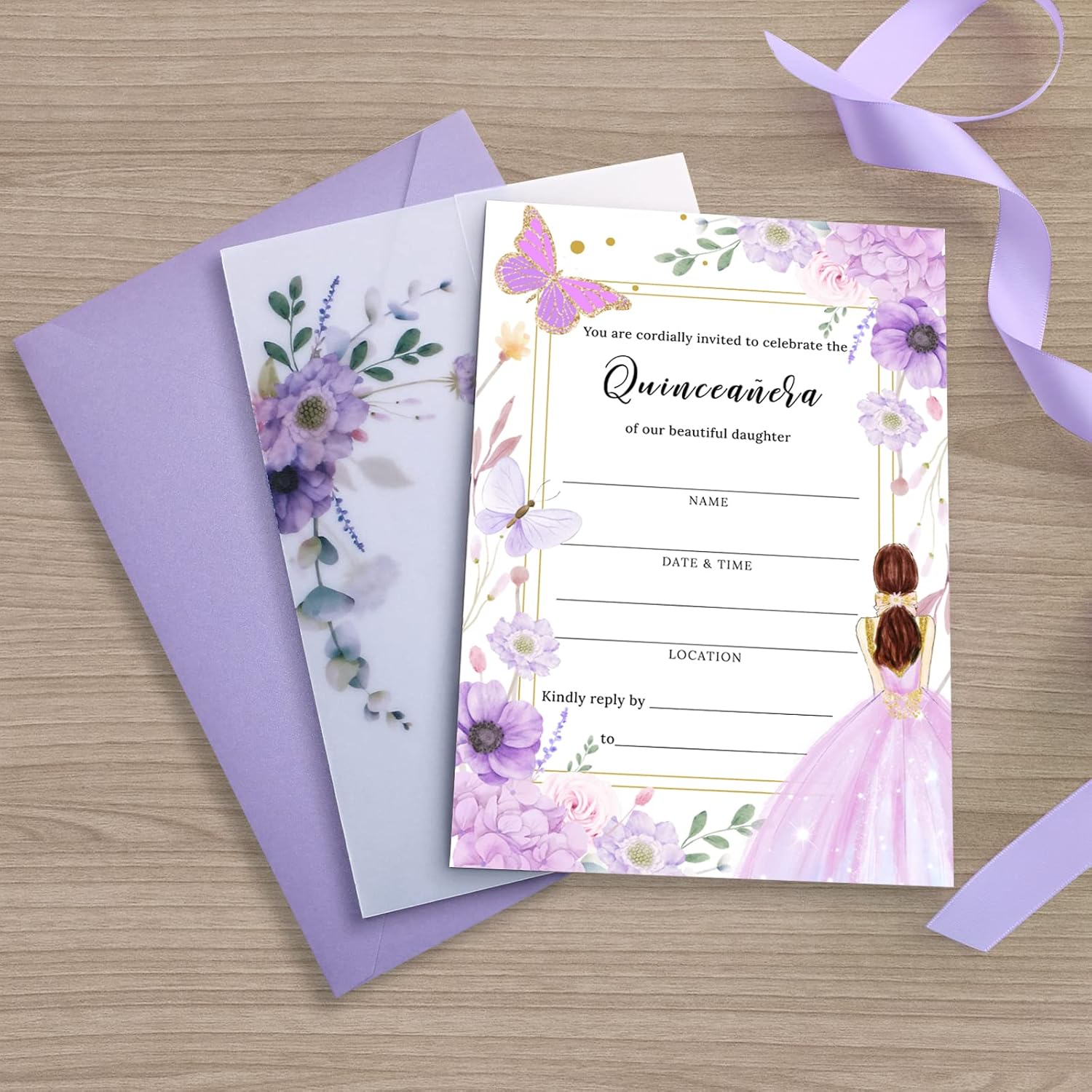 ponatia 20PCS Fill-in Purple Invitations Cards with Envelopes for Quinceañera Party Invite, Quince Invitation Cards, 5"x7" Invitations and Vellum Print Cover