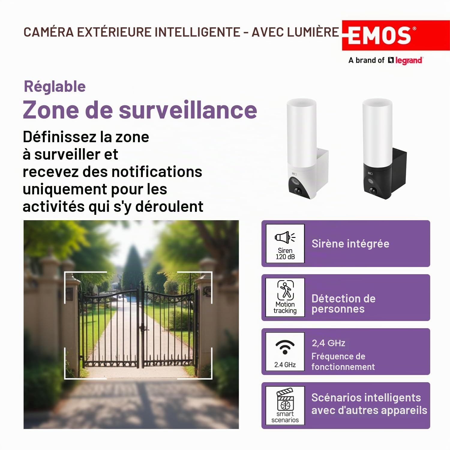 EMOS GoSmart Caméra de Surveillance d'extérieur avec WiFi et Application + Lampe LED 1200 LM Caméra IP rotative 3 MP avec lumière Compatible avec Alexa, Google Assistant, sans piège ABO, Noir