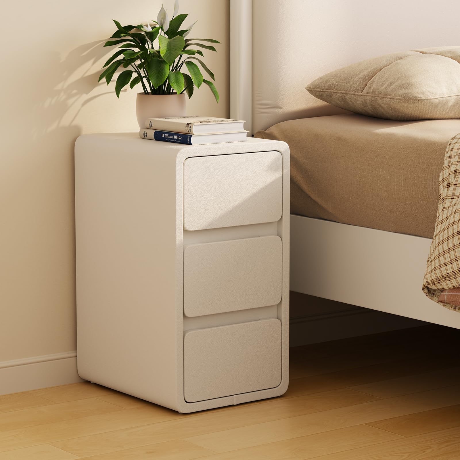 AQIMUELE Small Bedside Table, Slim Bedside Table with 3 Drawers, Assembled Narrow Side End Table with Leather Surface for Bedroom, 30cm (White)