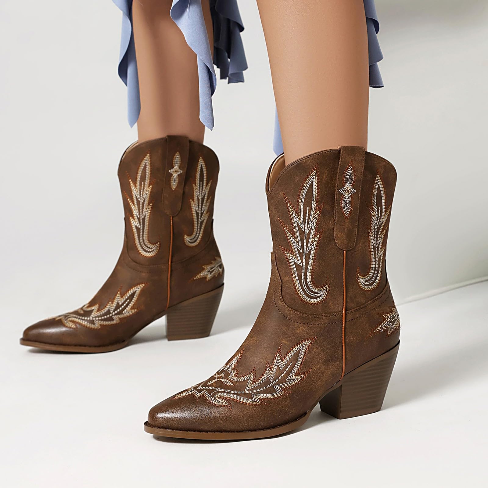 HOOUDO Botas Cowboy Mujer,Botas de Invierno Mujer,Elegantes Cómoda Campera Botines Mujers Media Botines Mujers Invierno en Piel con Tacon Casual o de Fiesta