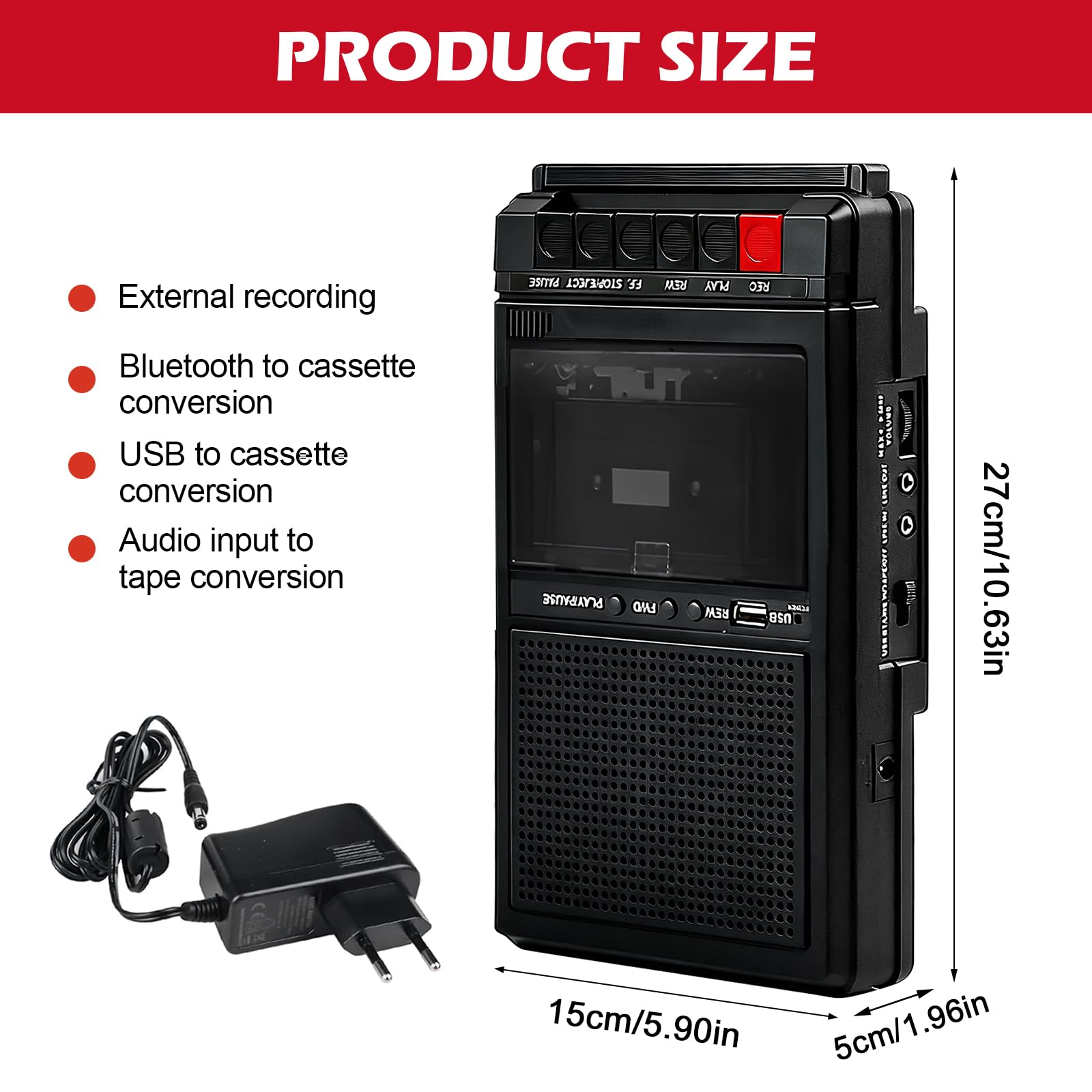 Lecteur de cassette rétro portable, lecteur de cassette Bluetooth avec fonction d'enregistrement, numérisation de cassettes via USB et audio, lecteur de cassette mobile avec double alimentation