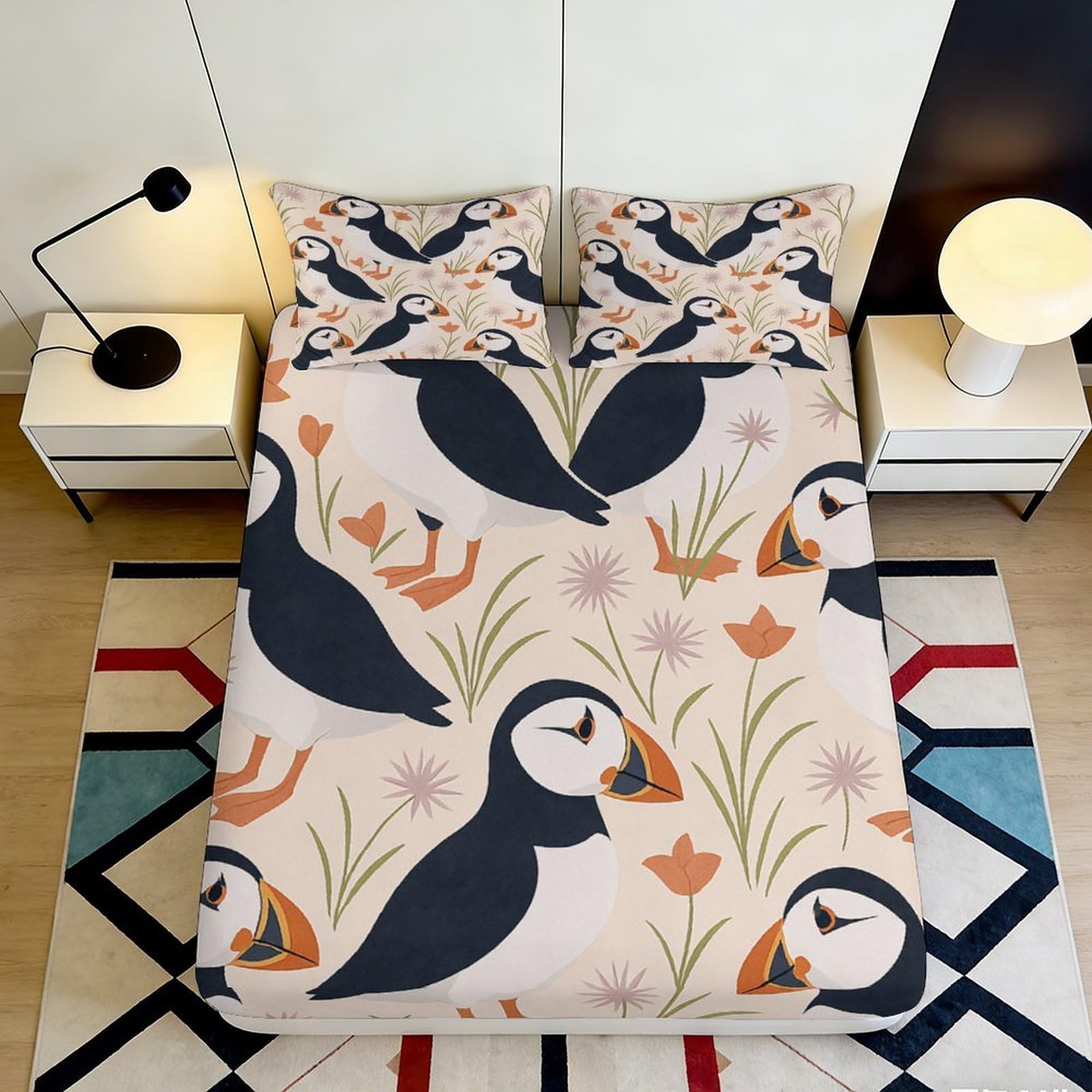 3D Printed Puffin Meadow Fitted Sheet Microfiber Soft Floral Bird Mattress Cover for Bedroom Guest Room Decor 90x200x25cm