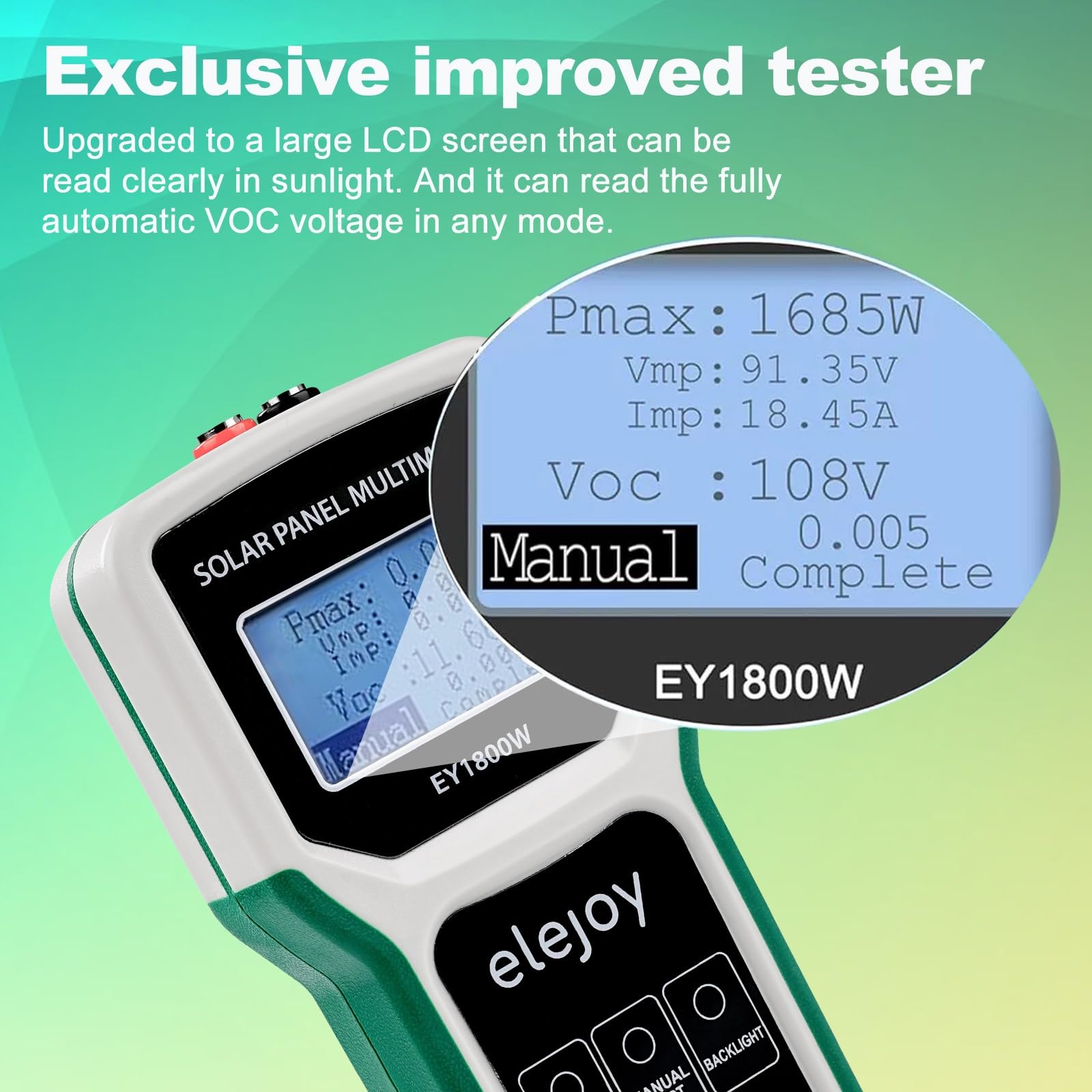 1800W Fotovoltaico Pannello Solare Tester MPPT, Multimetro Pannello Fotovoltaico Tester per Pannelli Solari con LCD Ultra Chiaro, Protezione da sovrapressione, sovratemperatura e sovracorrente