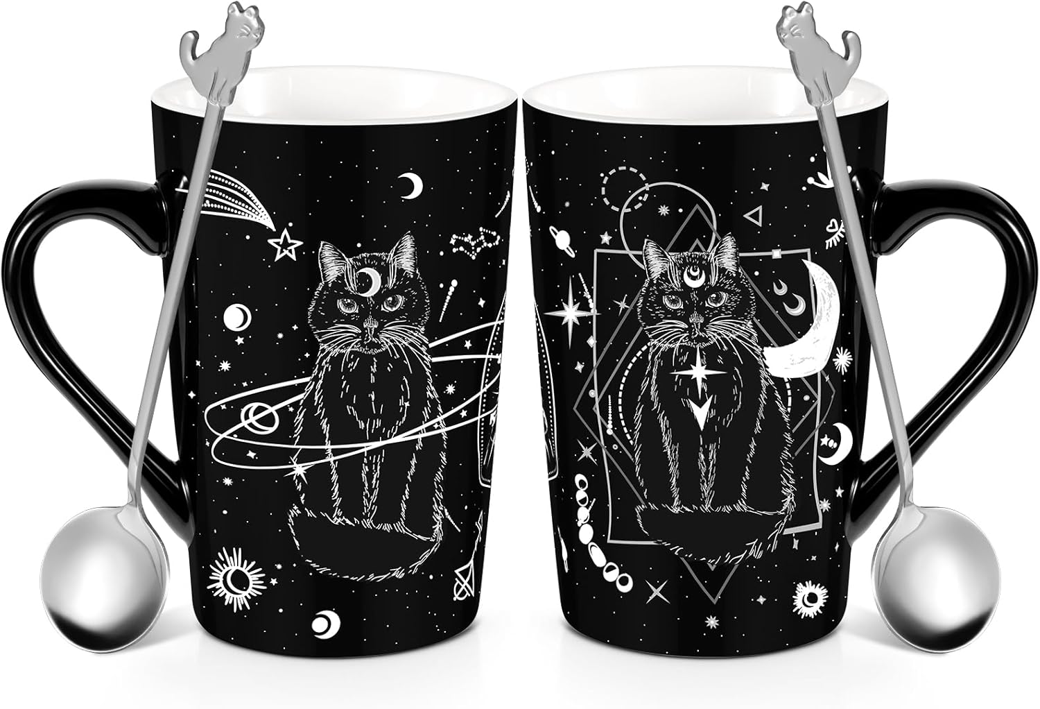 2 Pack Black Cat Mug Gifts, Goth Coffee Mugs with Spoons, Witch Gifts for Women, Gothic Decor Cups Present for Cat Lovers Christmas Birthday