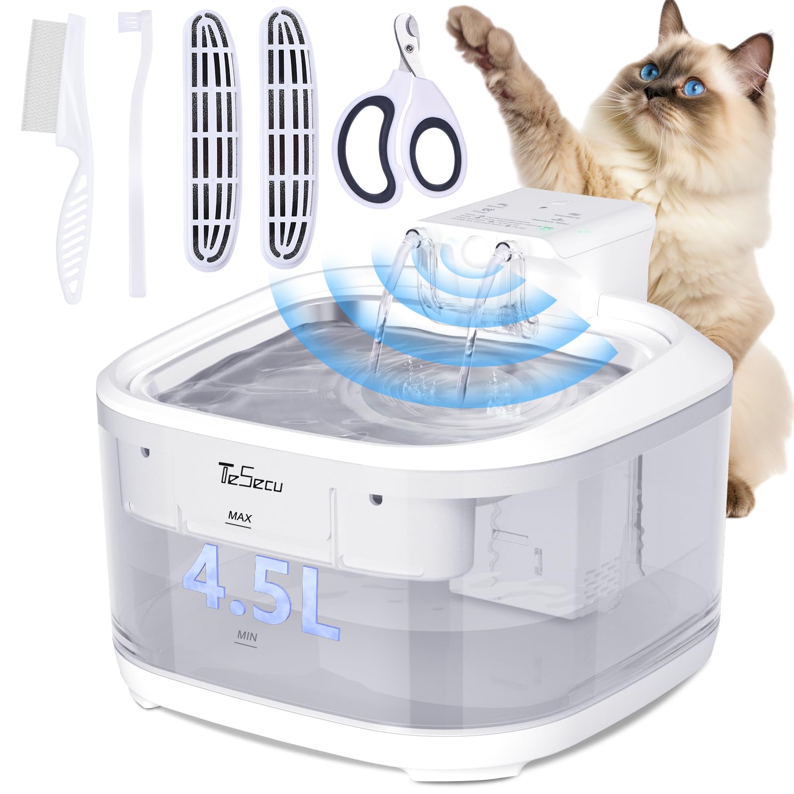 DownyPaws Kattenfontein draadloos, Kattenfontein met bewegingsmelder, werkt op Batterijen 4000 mAh Drinkfonteinen voor Katten, Waterbak van Roestvrij Staal, Wit