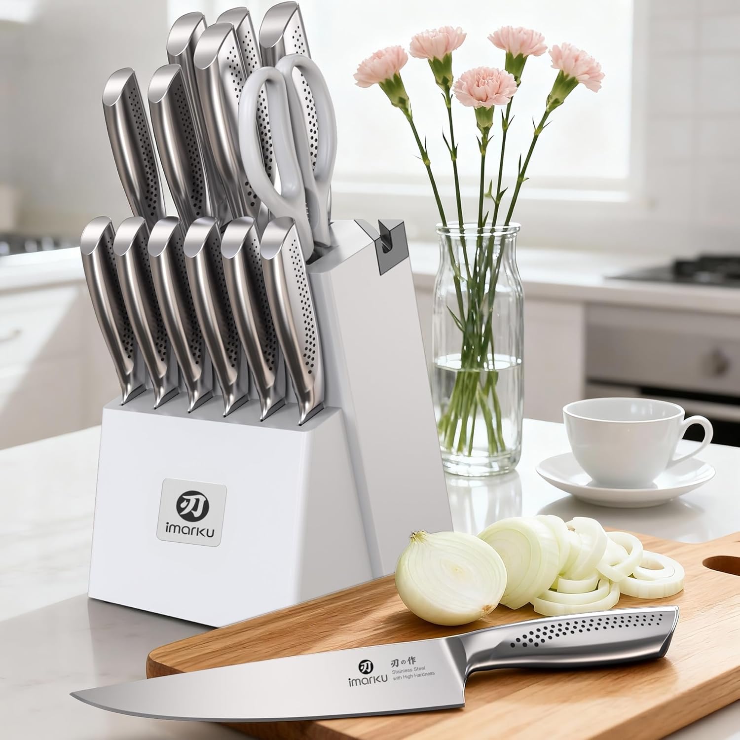 imarku 15-Piece Knife Set with Block, High Carbon Stainless Steel Kitchen Knives with Built-in Sharpener, Dishwasher Safe, Ergonomic Non-Slip Handle, Perfect for Home Cooks & Chefs, White