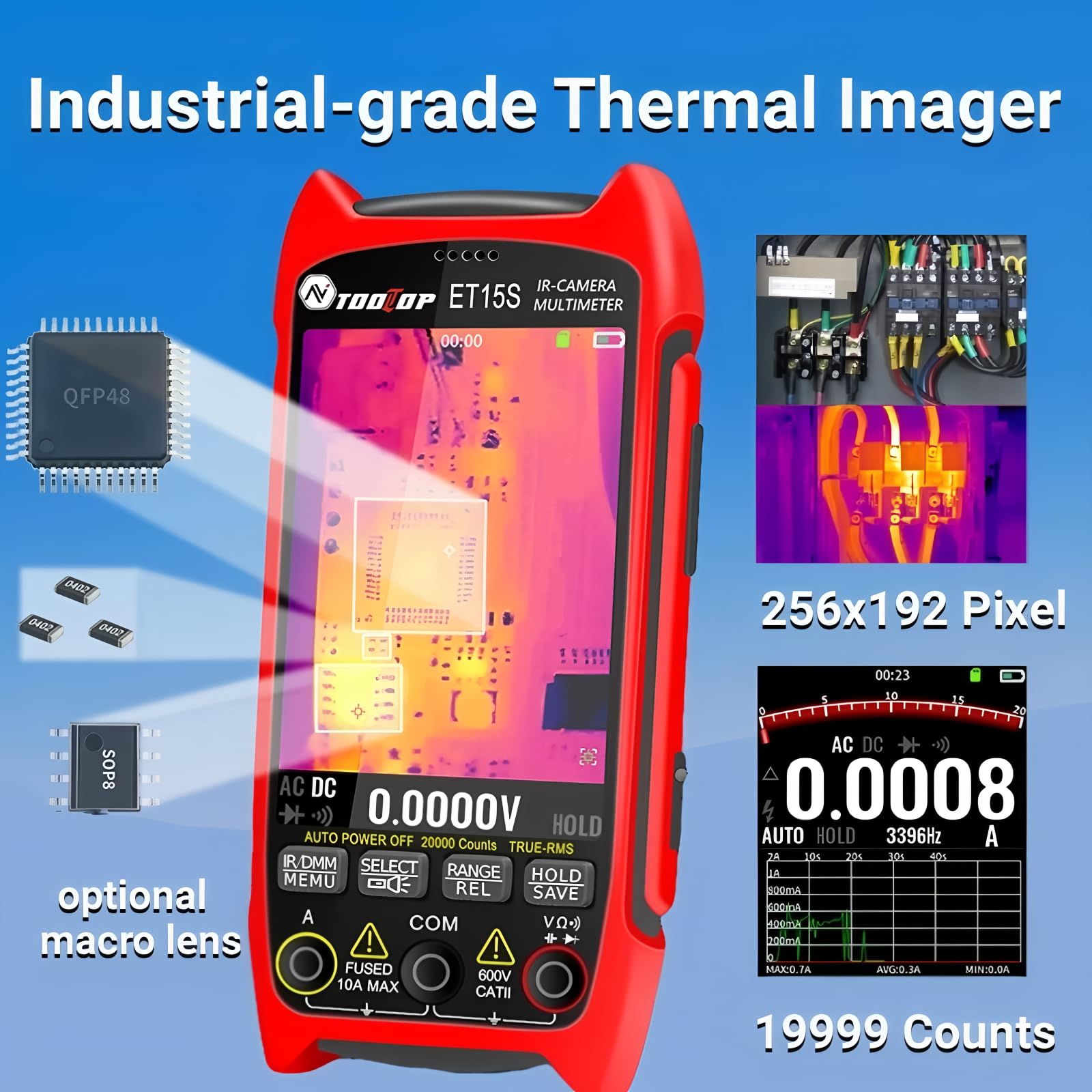 ET15S Professional Thermal Imager Camera IR camera with Macro Lens 256x192 IR Sensor 3.5 Inch 19999 Counts Digital Multimeter PCB Floor HVAC Repair(ET15S+Macro Lens)