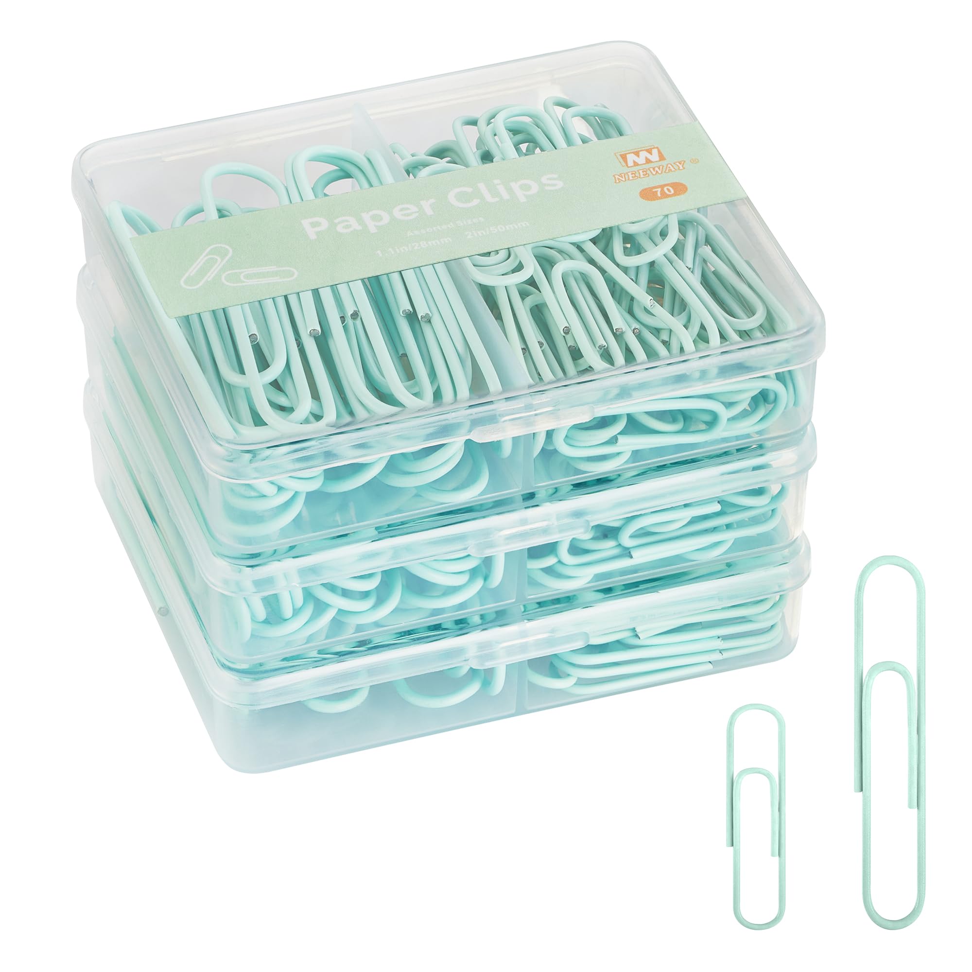 NEEWAY Colorful Paper Clips Assorted Sizes, Small and Large Paperclips, 210 Count, 3 Pack of 70 (Light Green)