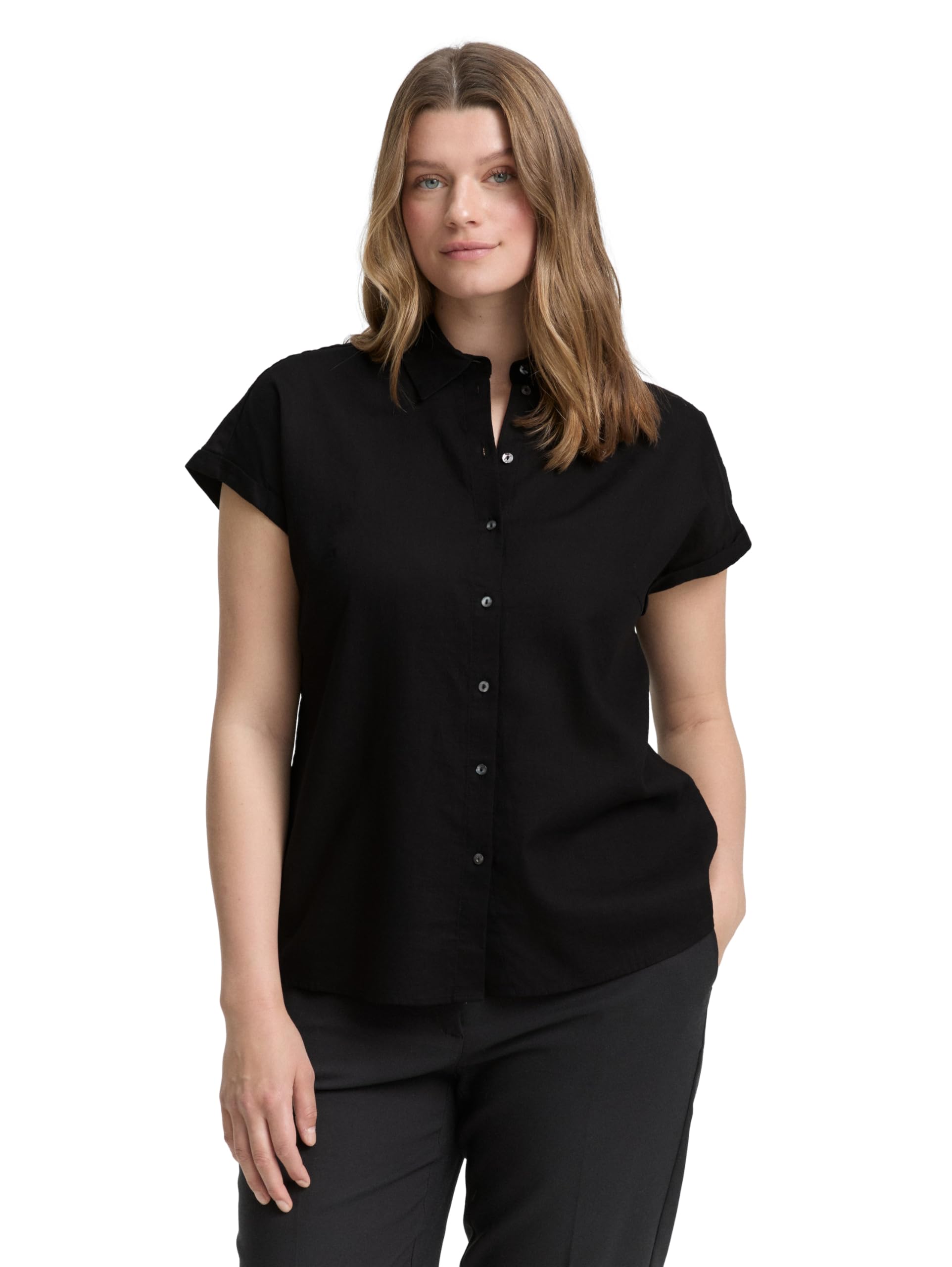 TOM TAILOR Damen Plus Size - Loose Fit Bluse mit Leinenanteil