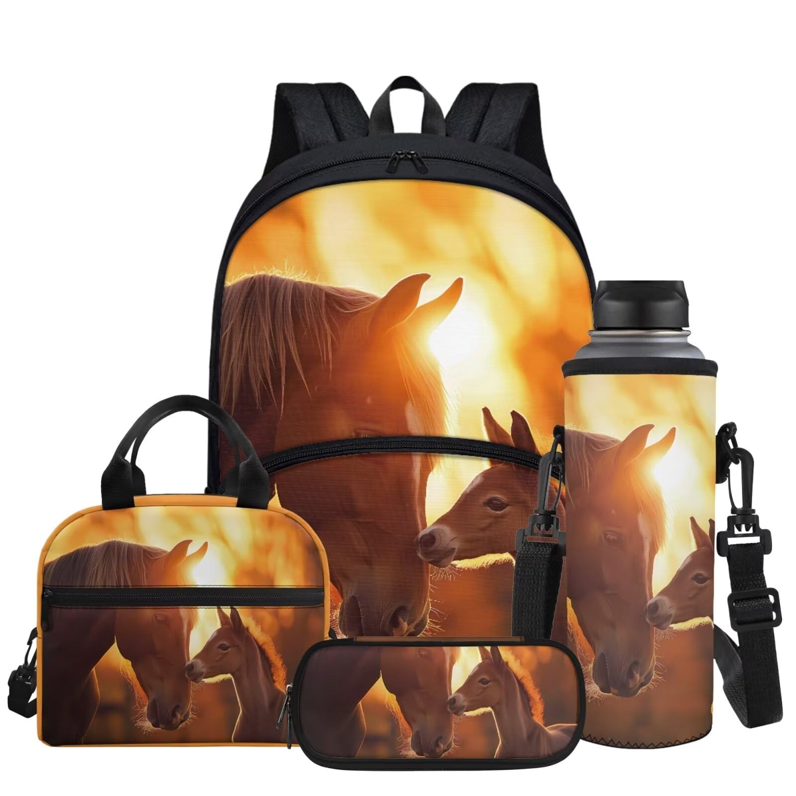 Glomenade Sunset Horses Print Backpack for Boys Girls Bookbag with Lunch Box & Pencil Case & Water Bottle Sleeve 4 in 1 Casual Outdoor Daypack