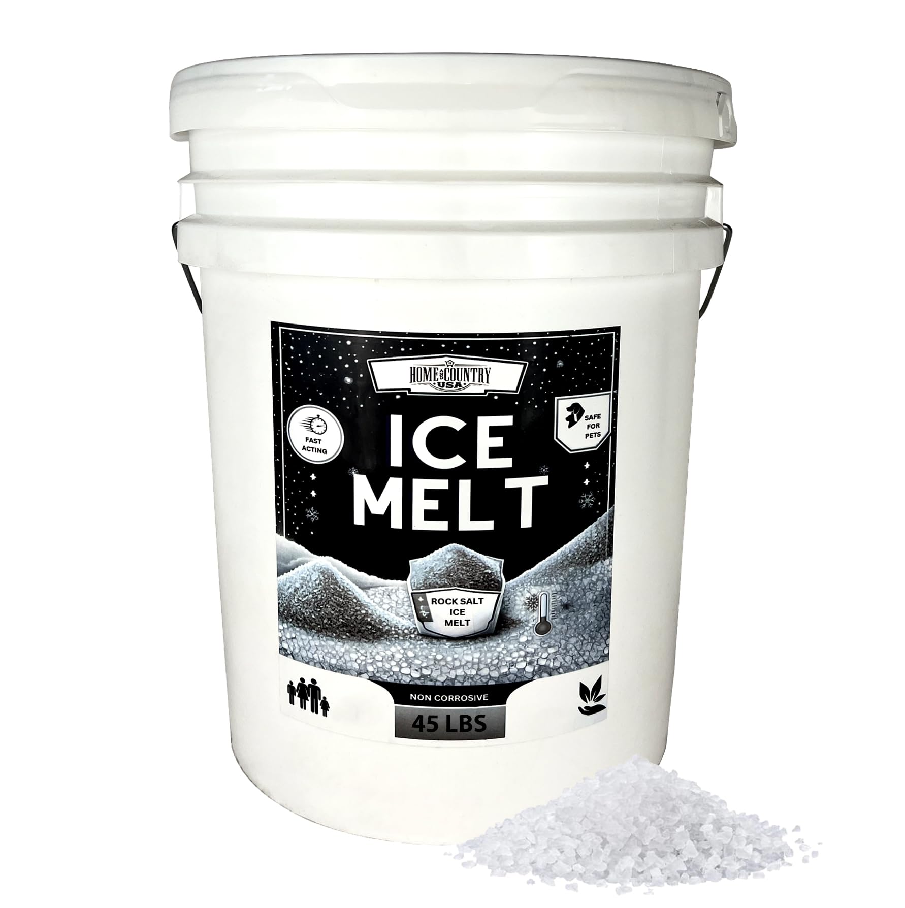 Rock Salt Ice Melt Pail Effective to -25°F, Eco-Friendly De-Icer, Optimal Granule Size for Quick Melting, Ideal for Driveways, Walkways, and Entryways 45 lb Pail