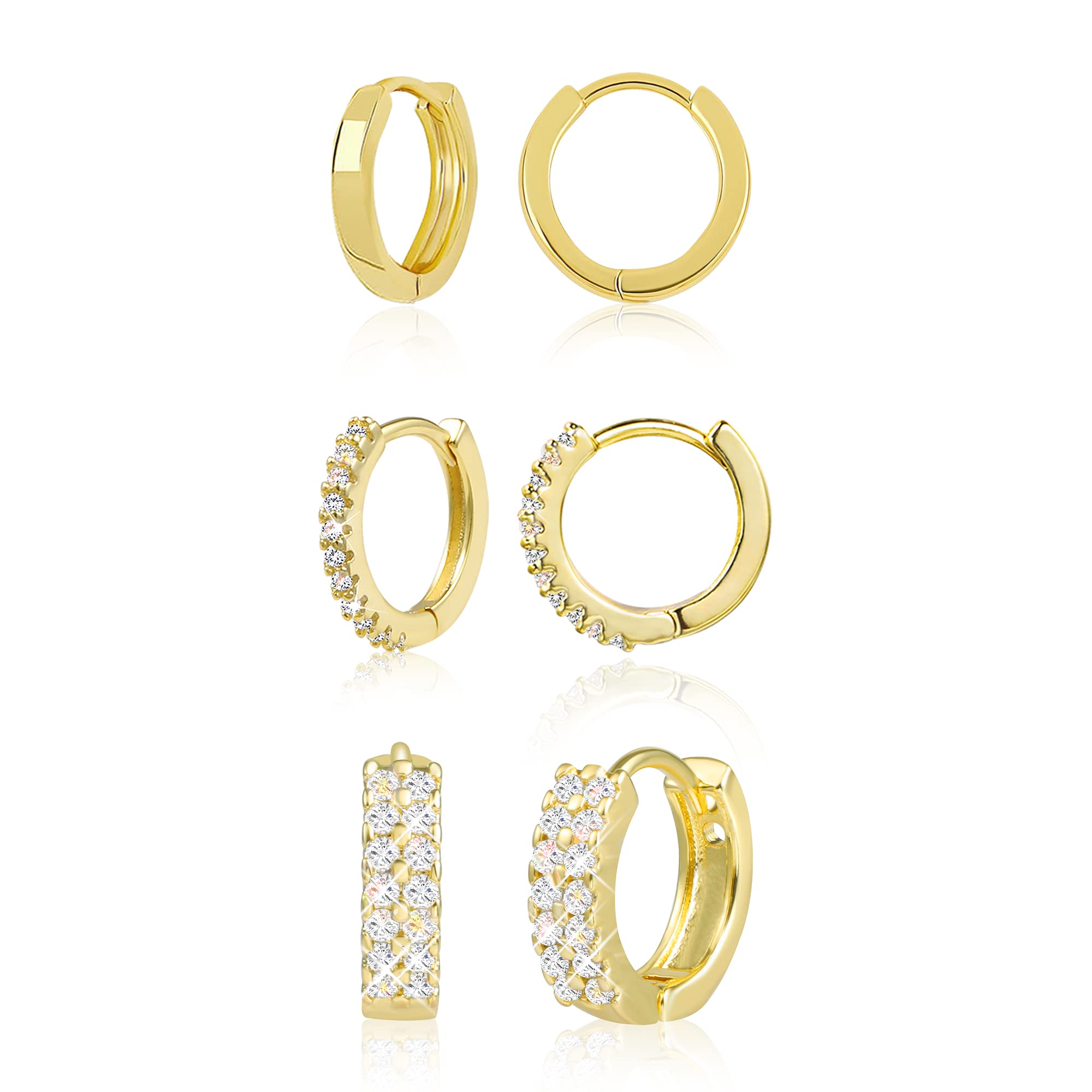 ALEXCRAFTPendientes Para Mujer, 3 Pares De Pendientes Pequeños Para Cartílago Chapados En Oro De 14 Quilates S925, Hipoalergénicos, Adecuados Para Múltiples Piercings, Mujeres, Niñas y Hombres