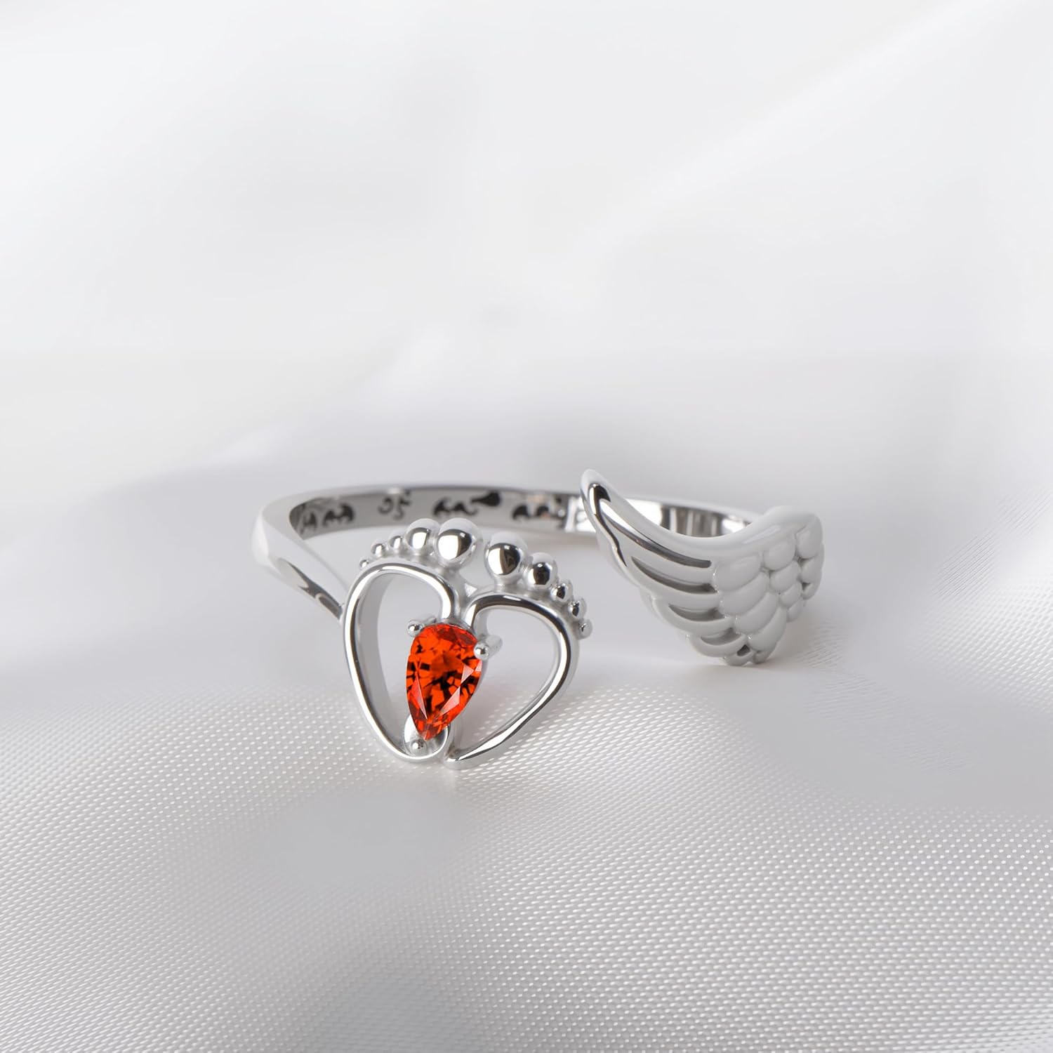 Mommy of an Angel Ring Sterling Silver Angel Wings Teardrop CZ Created Birthstone Jewelry Sympathy Gift Stillborn Ring Gift for Women Mother Mom Adjustable Size