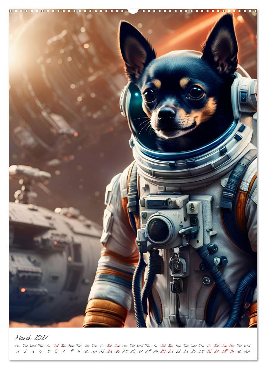 Chihuahua Adventure in Space (High Quality Premium Wall Calendar 2027 DIN A2 portrait),CALVENDO 12 Month Wall Calendar: Cute AI Chihuahua astronaut explores space