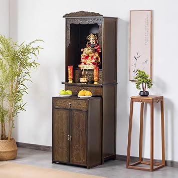 Meditation Altar Table with Pull-Out Storage, Versatile Shrine Altar Cabinet for Home Temple, Prayer Table, Pooja Mandir, Multi-Zone Storage and Display for Spiritual and Rituals