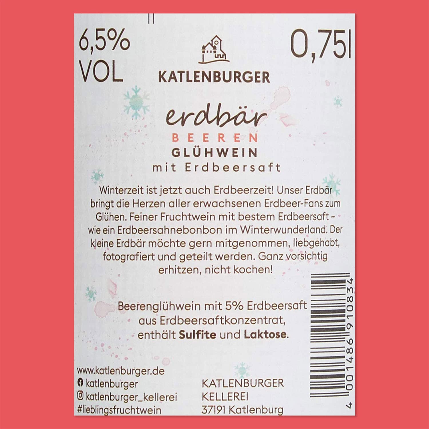 KATLENBURGER - Erdbär Beerenglühwein | Fruchtiger Glühwein aus Fruchtwein mit bestem Erdbeersaft. Jetzt die Sommerfrucht Erdbeere auch im Winter genießen! Inhalt: 6x 750ml und 6,5% vol.