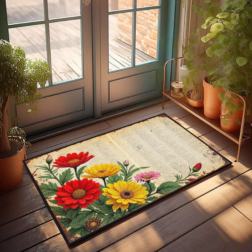 Paillasson extérieur vintage de grande taille 65 x 90 cm tapis entrée fleurs