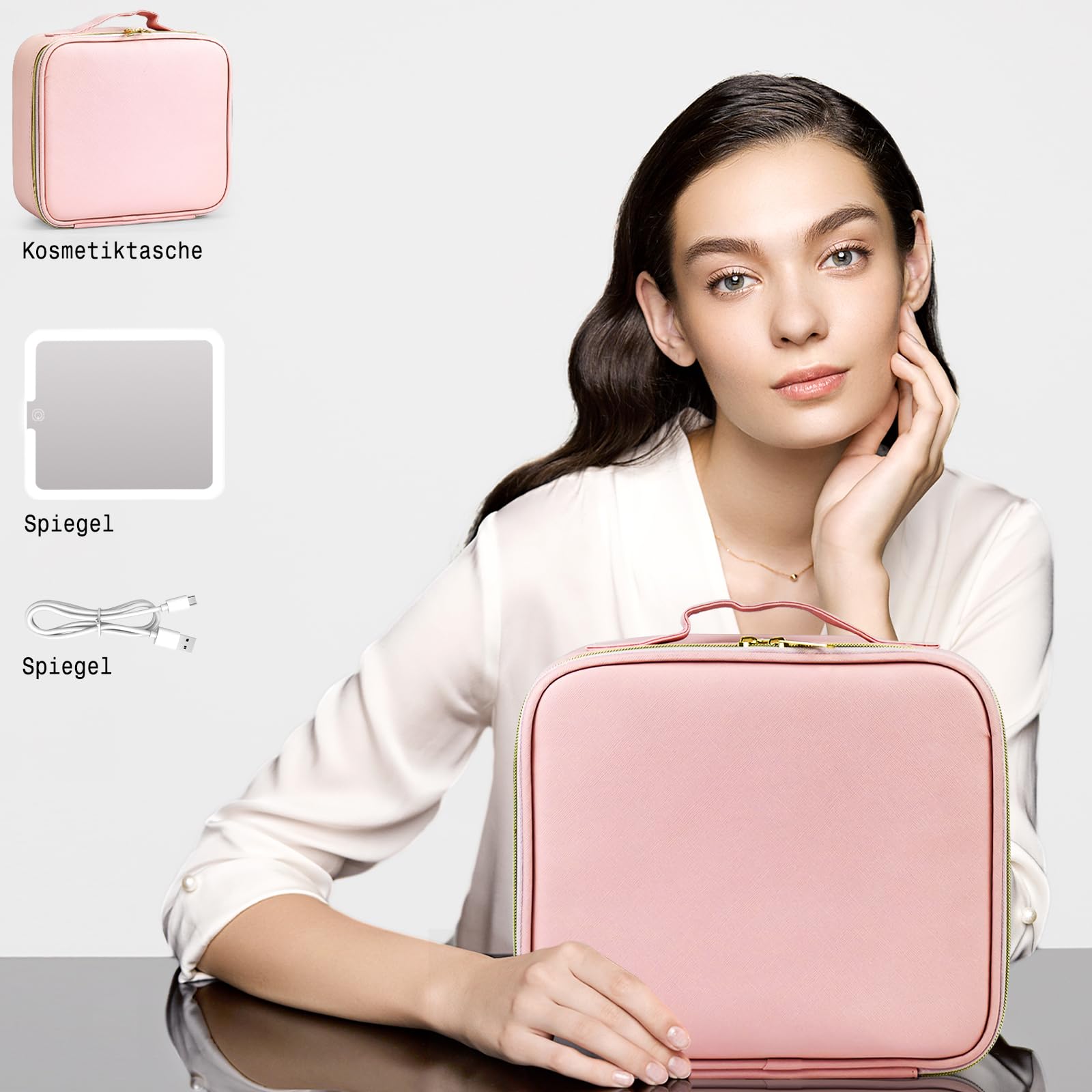 Make up Tasche mit Spiegel，Travel Makeup Bag mit 1/10x Spiegel und 3 Farbe Licht，Make up Organizer Tasche mit Aufbewahrung von Make-up-Pinseln, Makeup Organizers für Frauen(Rosa Leder)