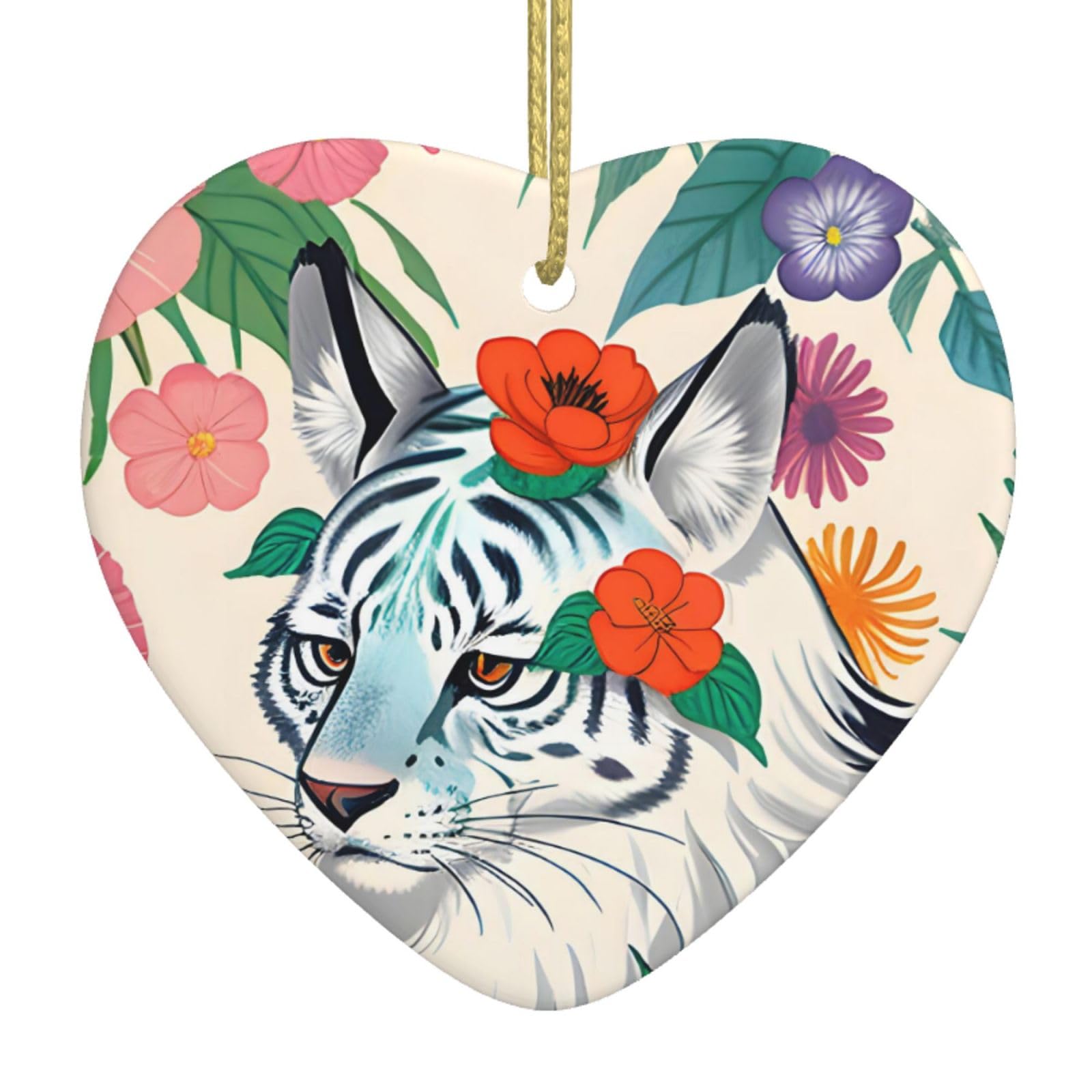 Cute White Tiger Ceramic Christmas Heart Pendant with Silk Thread, Christmas Tree Home Decoration
