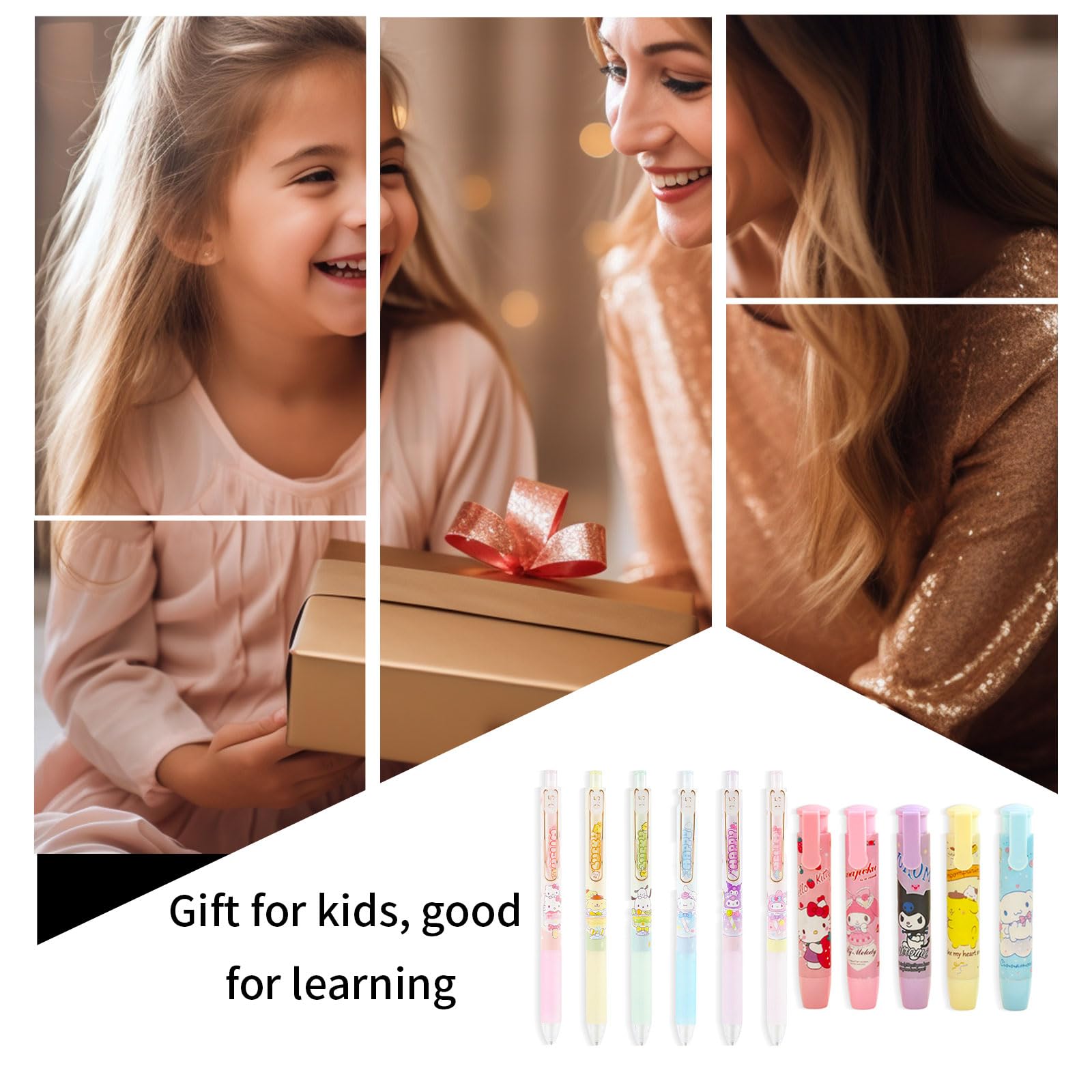 piurlzw 6 Pcs Mechanical Pencils with 5 Pcs Retractable Eraser, Cute Eraser Pencil, Cartoon Creative Stationery Supplies for Girls: Black