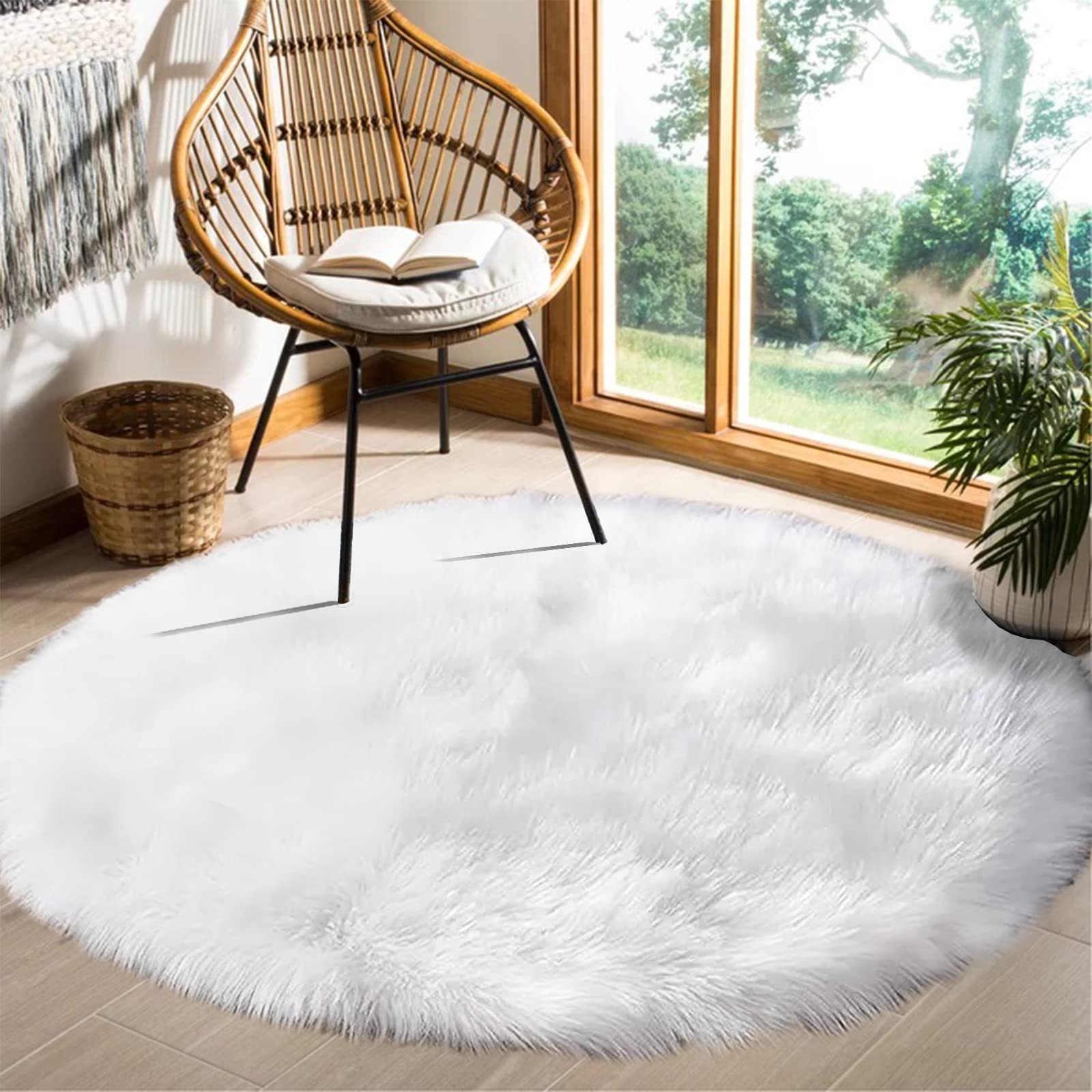 Goolela Runder Teppich Weiß 180 cm Wohnzimmer, Großer Flauschiger Hochflor Teppich aus Kunstfell