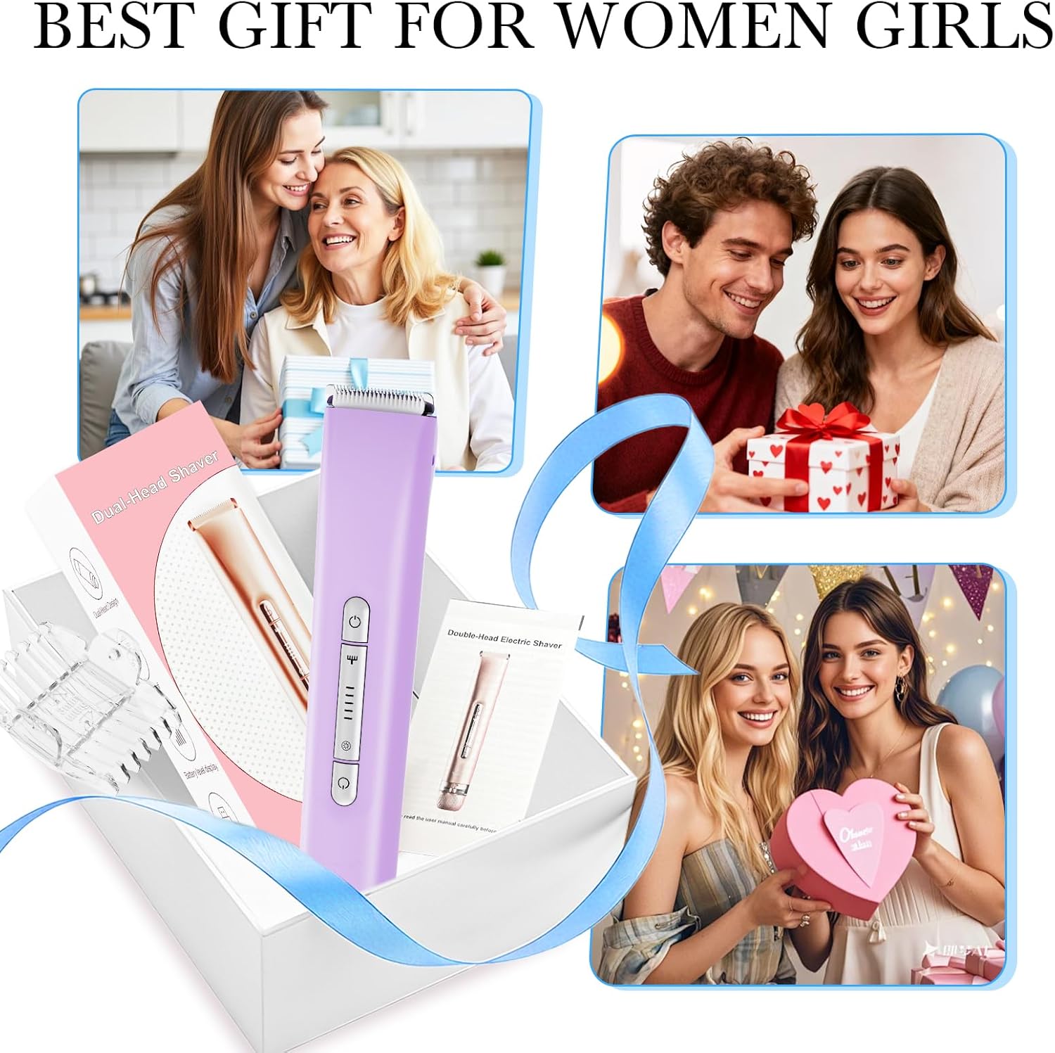 Bikini Trimmer for Women, Dual Head Electric Razors, IPX7 Waterproof Electric Shaver for Arm Bikini Underarm Leg Hair Trimmer and Facial Hair Remover, Mother‘s Day Gifts for Moms, Purple