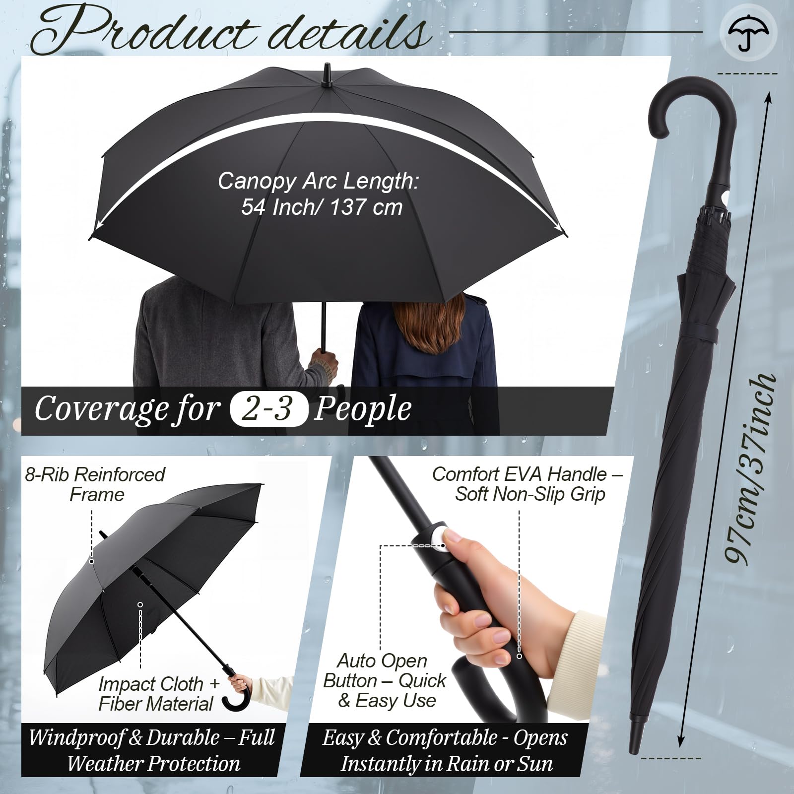 Weewooday 2 Ombrelli Golf 54 Inch Large Apertura Automatica Ombrello Sportivo Resistente al Vento Ombrelli Pioggia Antivento Protezione UV Impermeabile