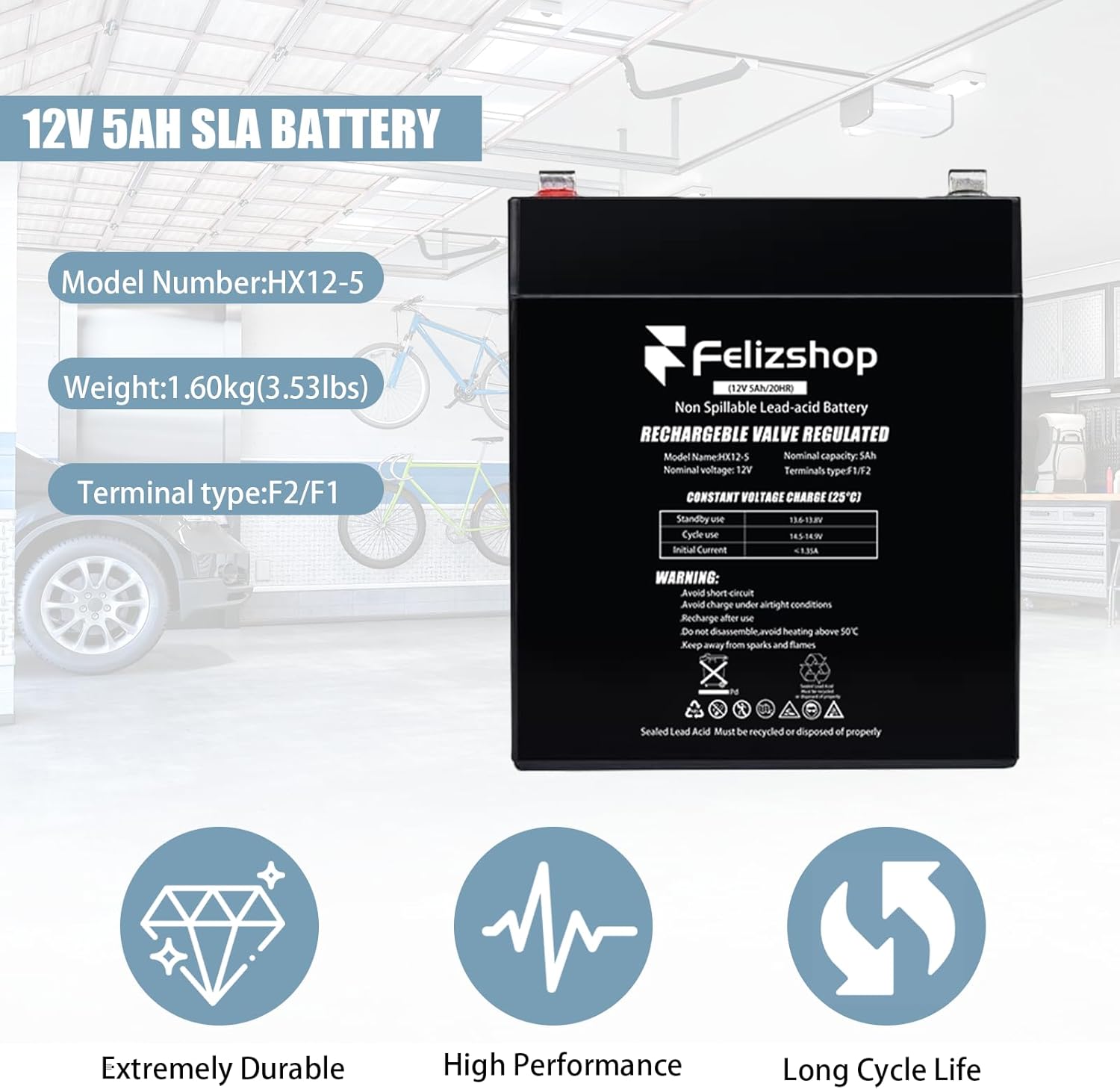 HX12-5(12V5Ah) 485LM Battery Backup Replacement for LiftMaster Garage Door Openers 8500, 8500W, 8550W, WLED, 8360, 8360W, VRLA AGM Sealed Lead Acid Battery with F2/F1 Terminals