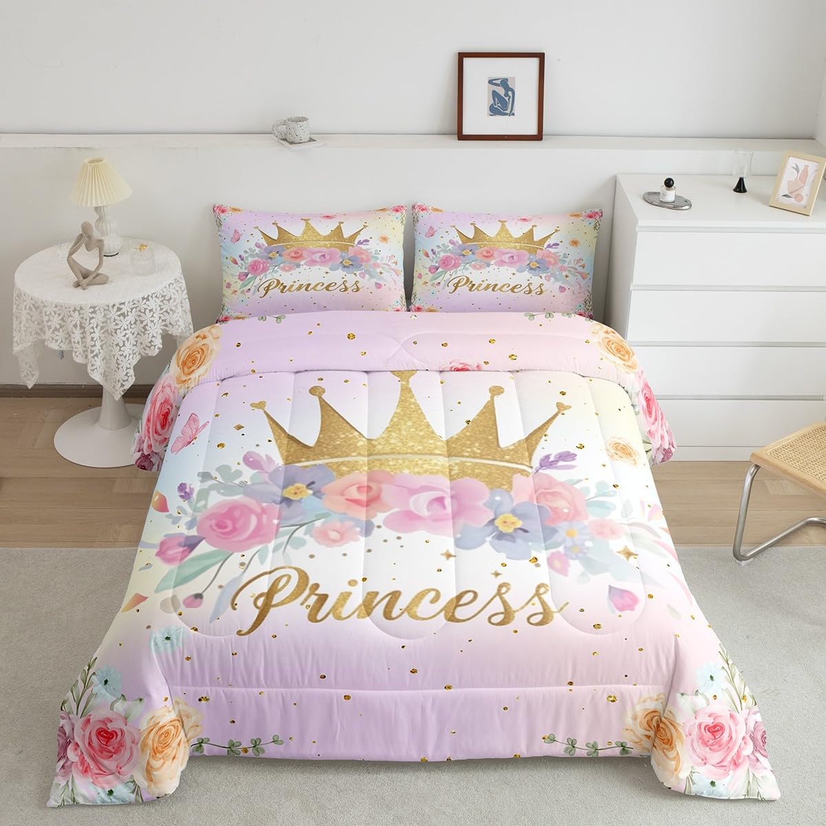Flower Crown Comforter Set Twin Size,Blossom Flower Golden Star Glitter Bedding Set for Kids Girls Women Adults Room Decor,Cartoon Princess Quilt Set 2Pcs,Pink Fantasy Duvet Insert,1 Pillowcase
