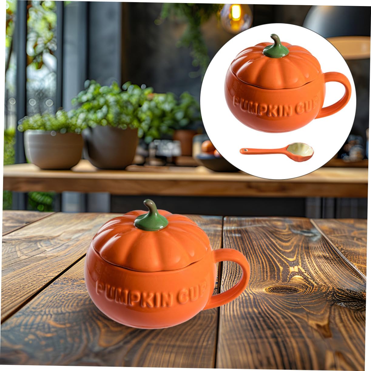 Tazza da Caffè in Porcellana a Forma di Zucca Arancione con Coperchio e Cucchiaio, Design Confortevole la Casa, Sostituto Ecologico delle Tazze di Plastica