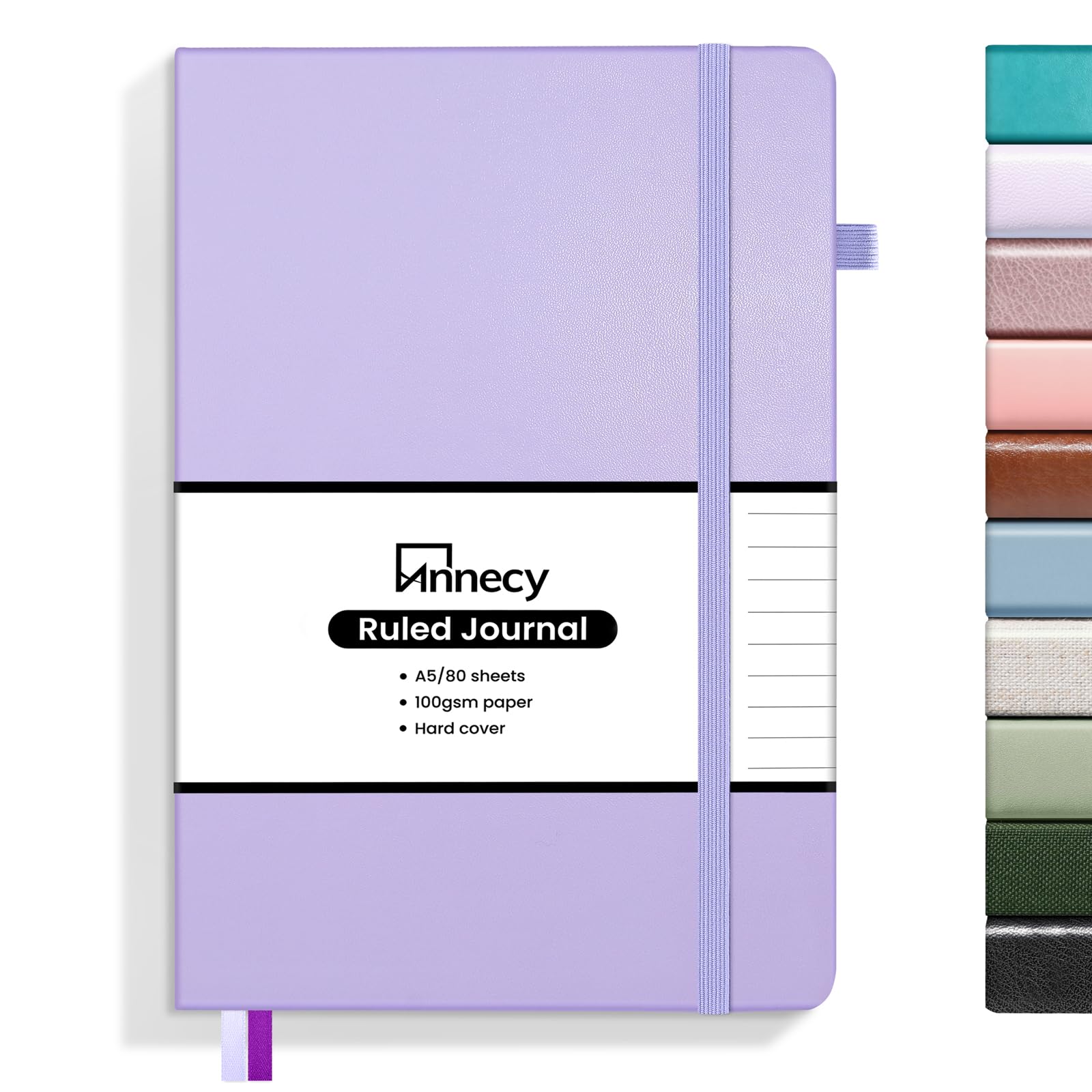 Annecy Lined Journal Notebook, Hardcover Leather Journal for Women & Men, 160 Numbered Pages, Medium 5.5" x 8.25", 100 GSM Thick Paper, Purple