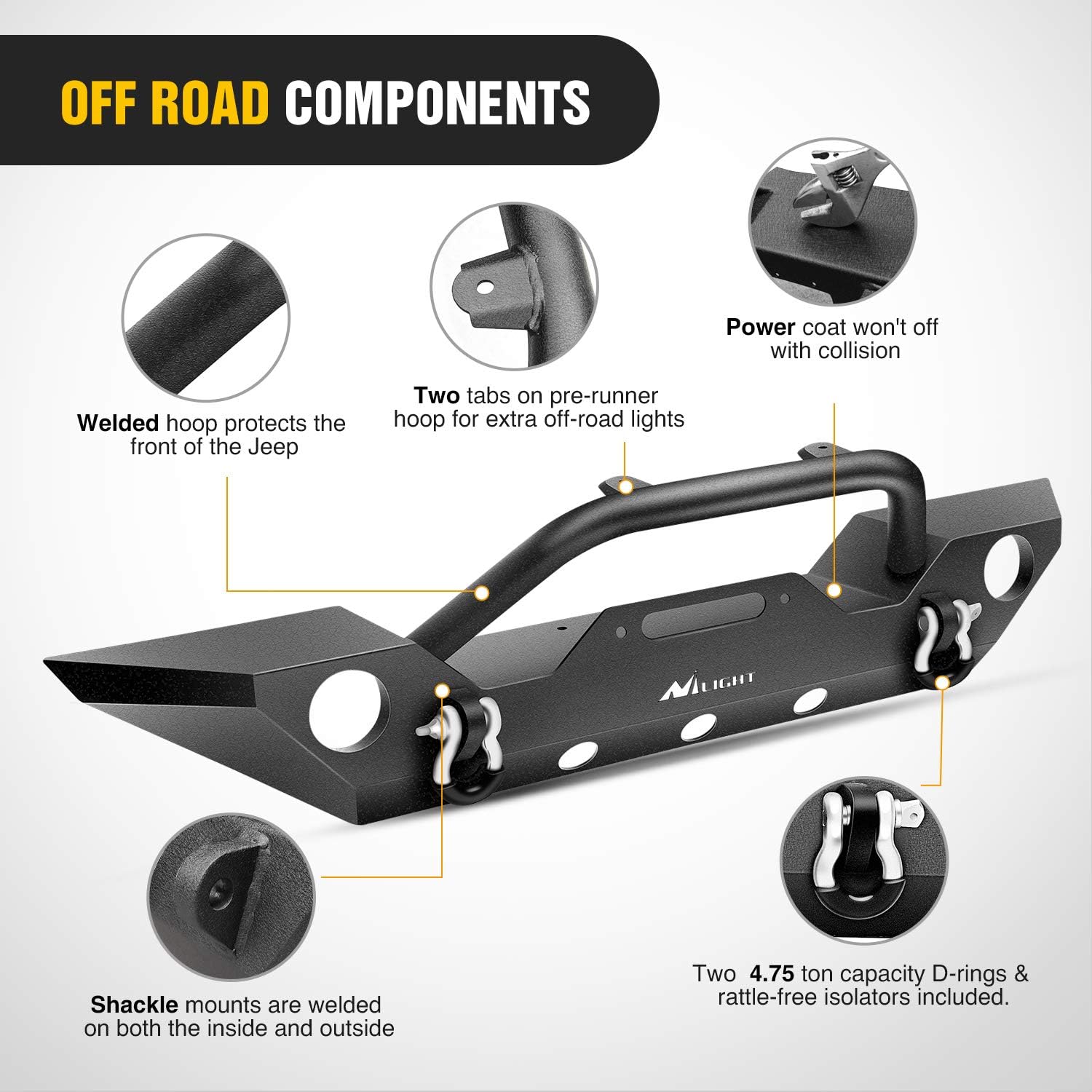 Nilight Front Bumper Compatible for 2007 2008 2009 2010 2011 2012 2013 2014 2015 2016 2017 2018 Jeep Wrangler JK/JKU Rock Crawler Fog Lights Hole Winch Plate