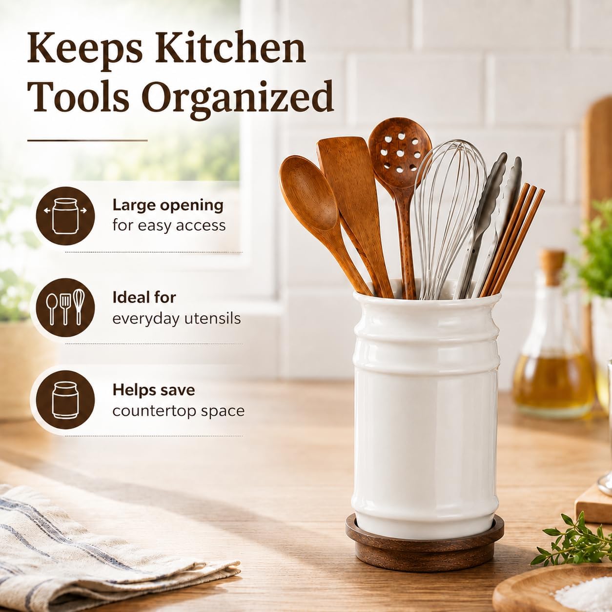 Kitchen Utensil Holder with Draining Base Ceramic Utensil Crock for Countertop