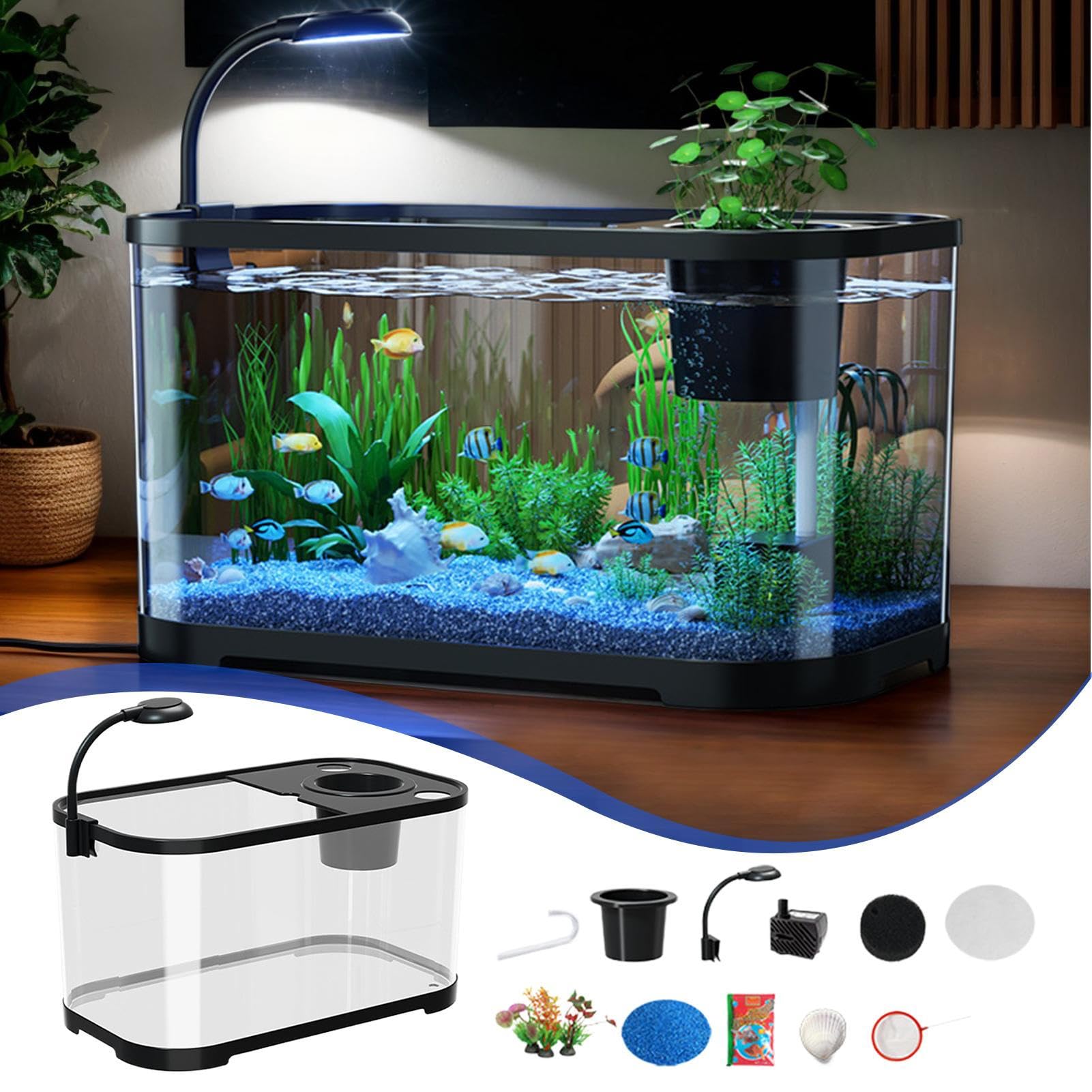 Kit De Acuario para Principiantes Pecera Silenciosa con Filtrante | Pecera para peces Betta apta para principiantes Transparente Decorativo Para Galápagos, Tortugas, Ranas, Animales Acuáticos,