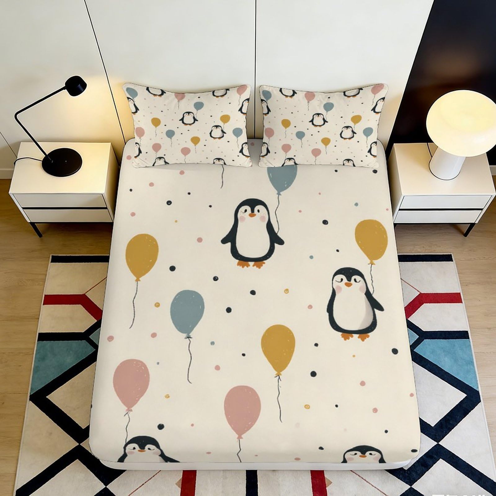 Pnayamiorkfel Style-5 3D Printed Penguin Balloons Fitted Sheet Microfiber Anti-Slip Bed Cover For Bedroom Dorm Guest Room Decor Washable 90X200x25cm