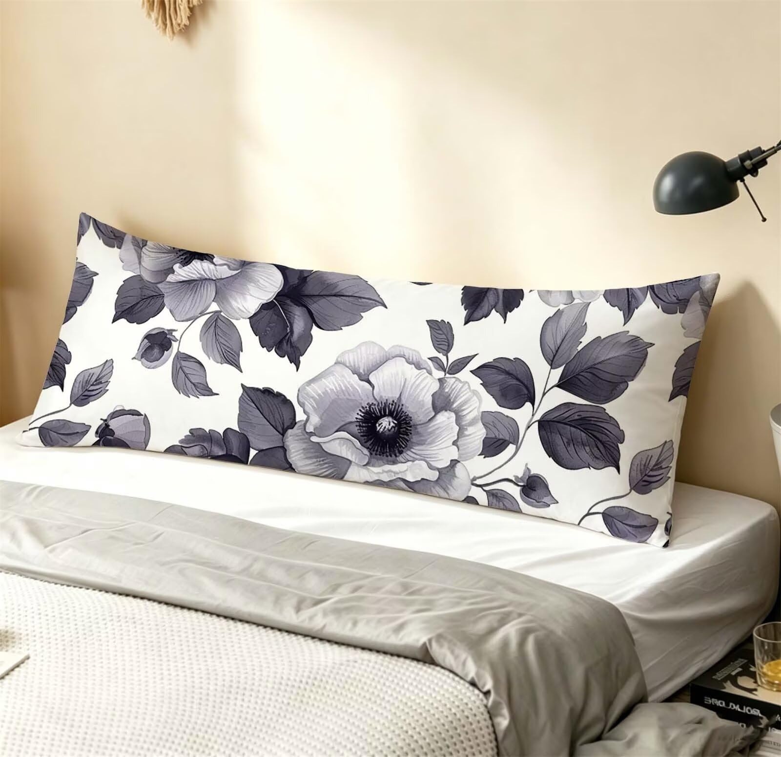 Fodera Cuscino 55 x 160 cm, Bianco e nero-4 Lino Copricuscini Letto, | con Invisibile Cerniera, Morbida e Traspirante, per biancheria da letto, divano, hotel, chi dorme sul fianco Fiore j-183