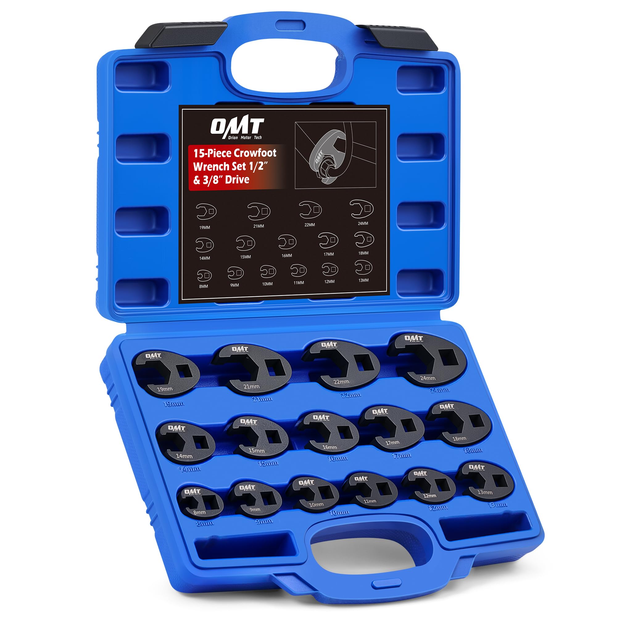 Orion Motor Tech Crowfoot Wrench Set for 8 to 24 mm Flare Nuts, Crowfoot Flare Nut Tool Kit, 15 Piece Large & Small Metric Wrench Set for 3/8" and 1/2" Drives Ratchets Extenders for Nut Removal