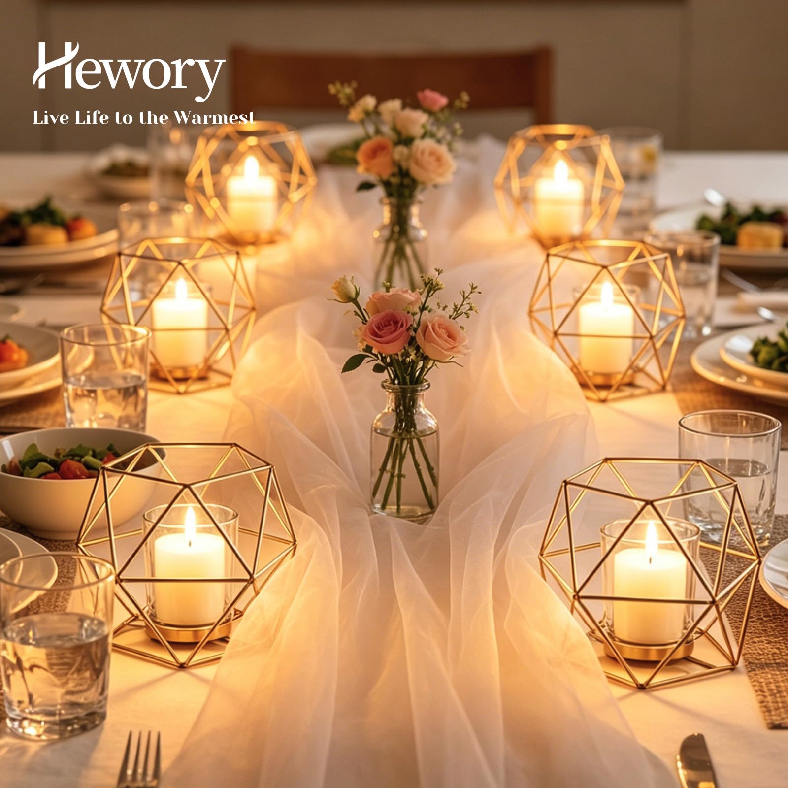 Hewory 12er Set Gold Teelichthalter Glas Modern Kerzenhalter für Teelicht | Geometrische Form, Dickes Premium-Glas, Windlicht Metall für Hochzeit Deko Wohnzimmer Wohnung, Vielseitige Teelichtgläser